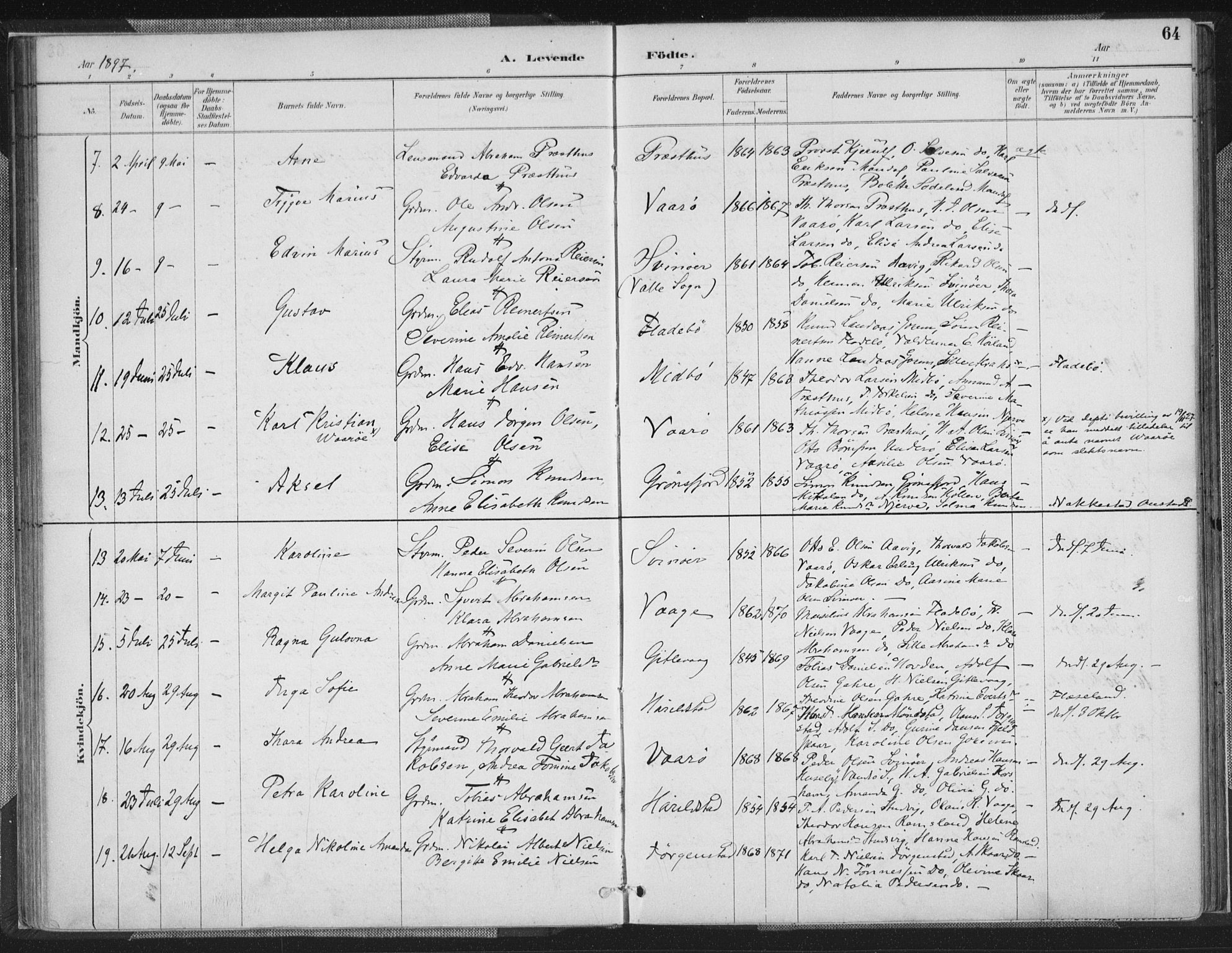 Sør-Audnedal sokneprestkontor, AV/SAK-1111-0039/F/Fa/Faa/L0004: Parish register (official) no. A 4, 1884-1909, p. 64