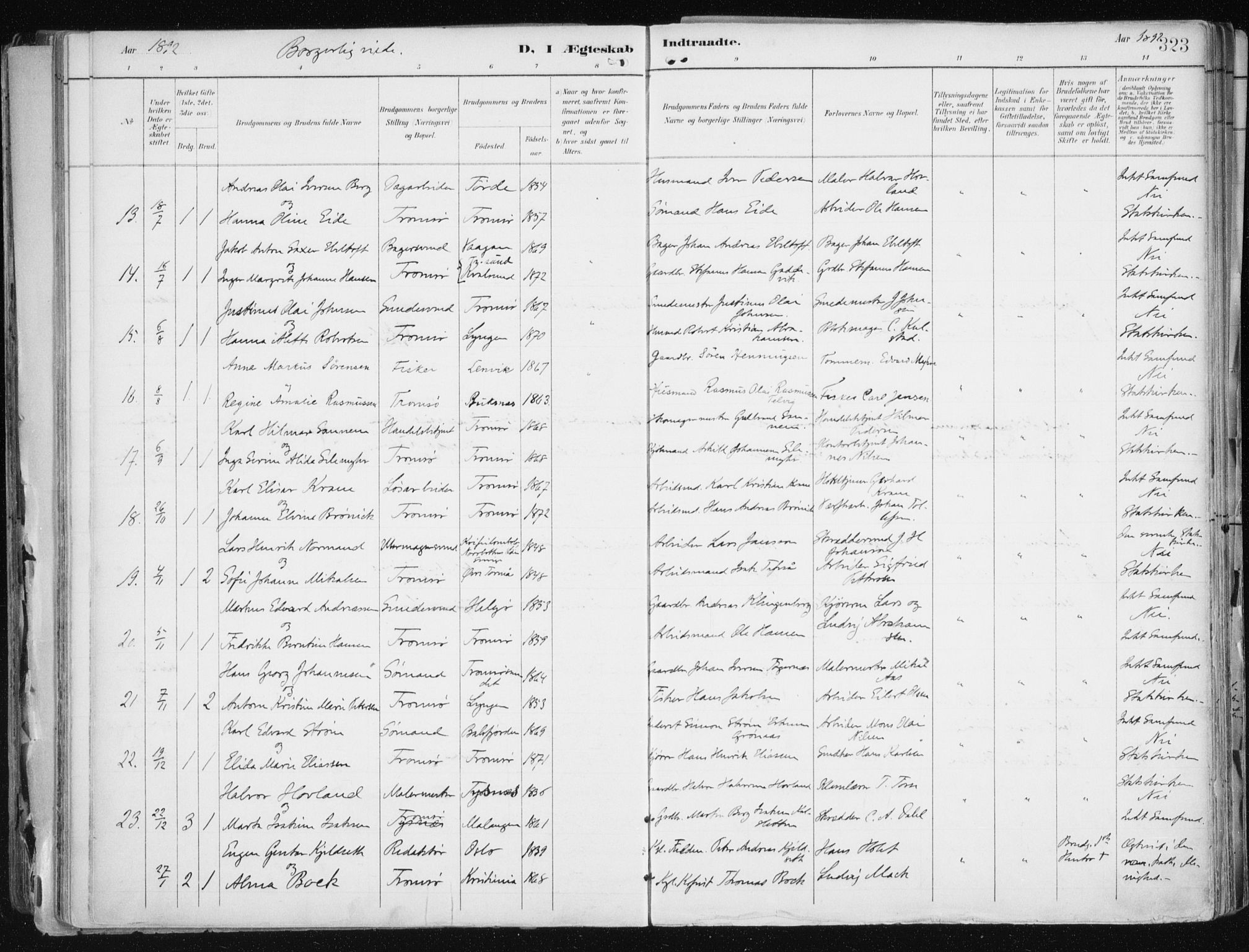 Tromsø sokneprestkontor/stiftsprosti/domprosti, AV/SATØ-S-1343/G/Ga/L0015kirke: Parish register (official) no. 15, 1889-1899, p. 323