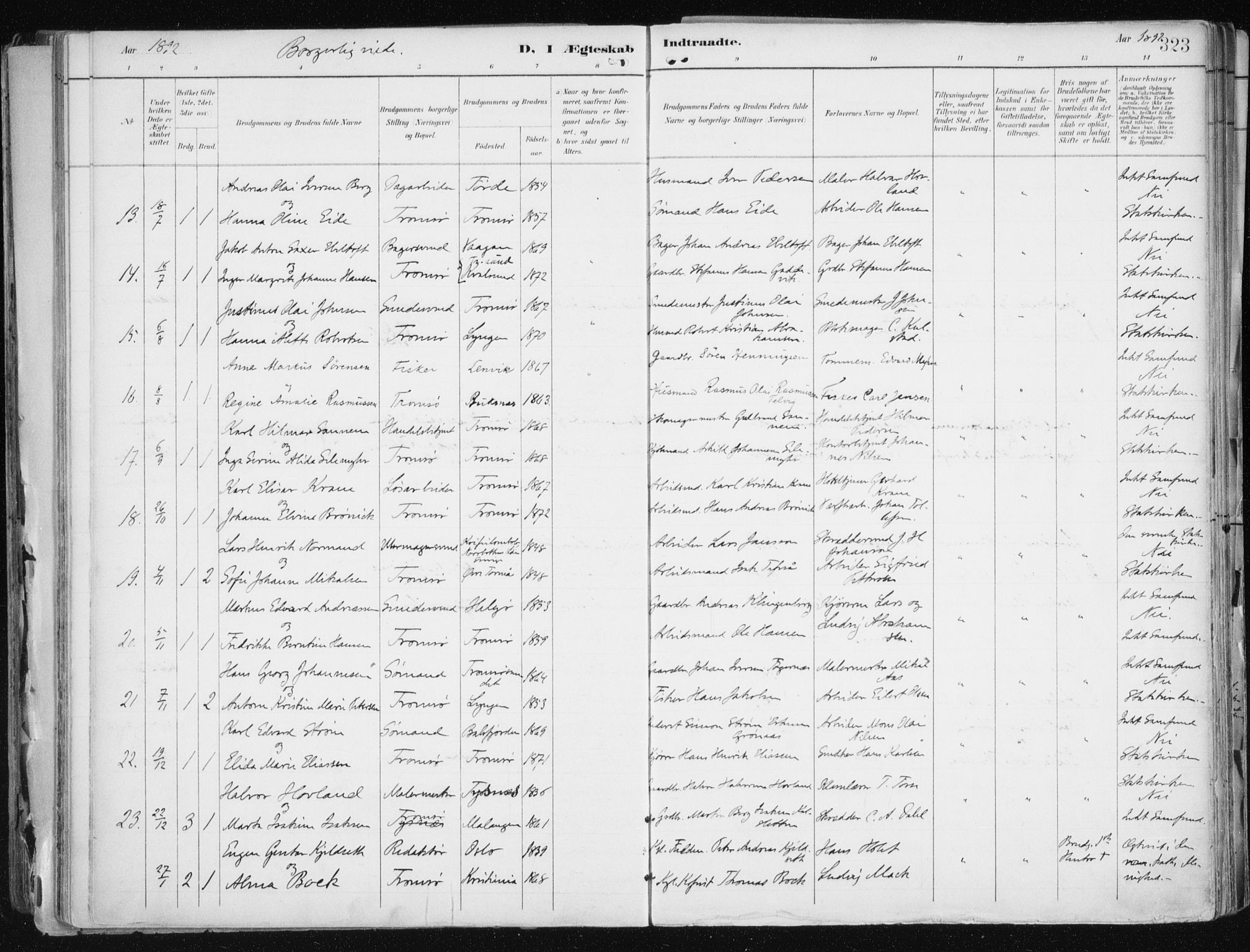 Tromsø sokneprestkontor/stiftsprosti/domprosti, SATØ/S-1343/G/Ga/L0015kirke: Parish register (official) no. 15, 1889-1899, p. 323