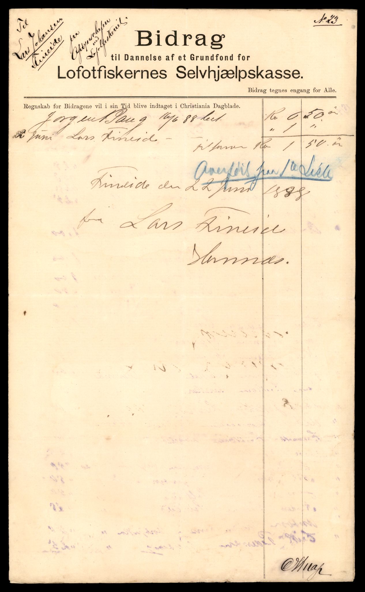 Oppsynssjefen ved Lofotfisket, AV/SAT-A-6224/D/L0178: Lofotfiskernes Selvhjelpskasse, 1880-1906, p. 103