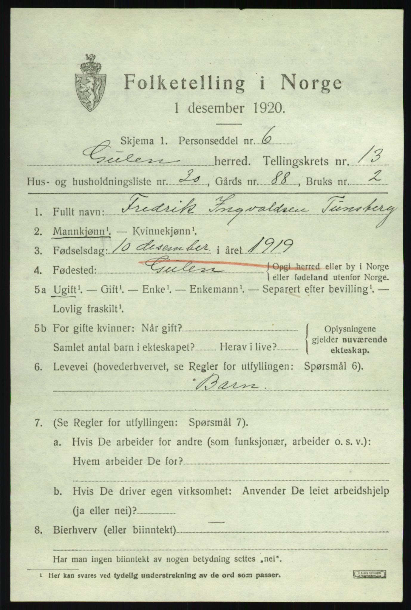 SAB, 1920 census for Gulen, 1920, p. 6189