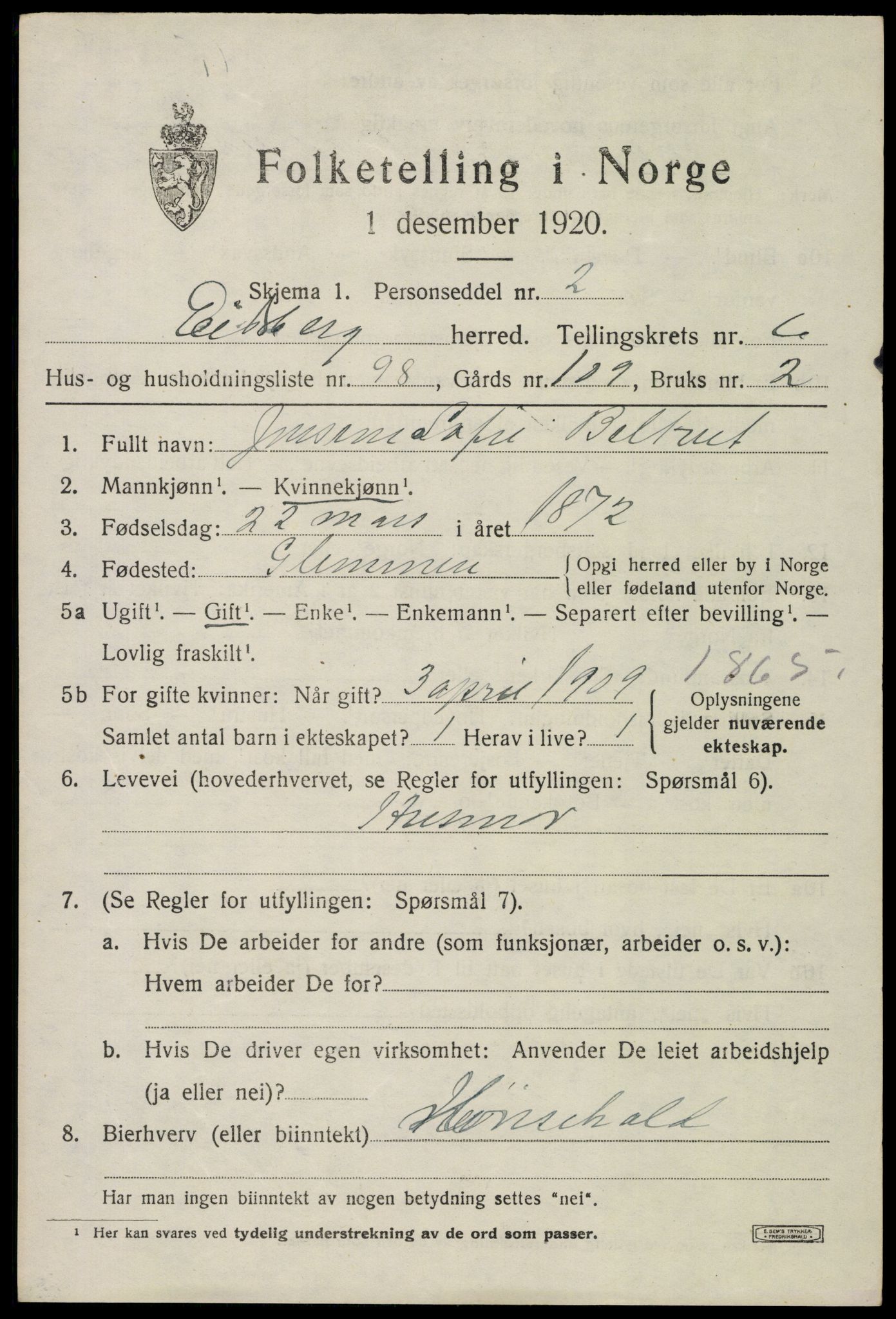 SAO, 1920 census for Eidsberg, 1920, p. 8509