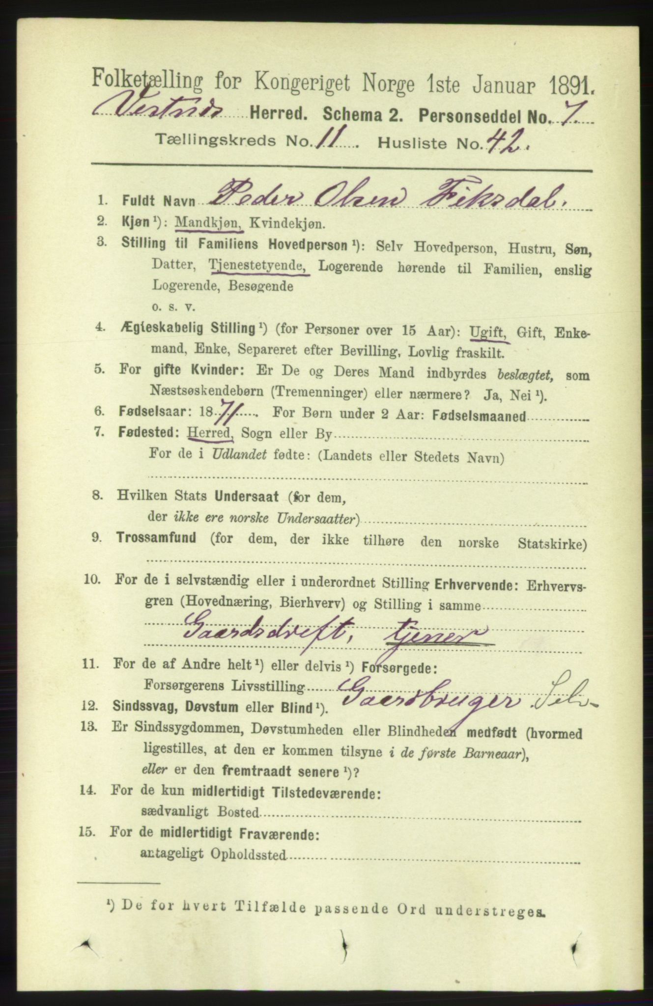 RA, 1891 census for 1535 Vestnes, 1891, p. 4173