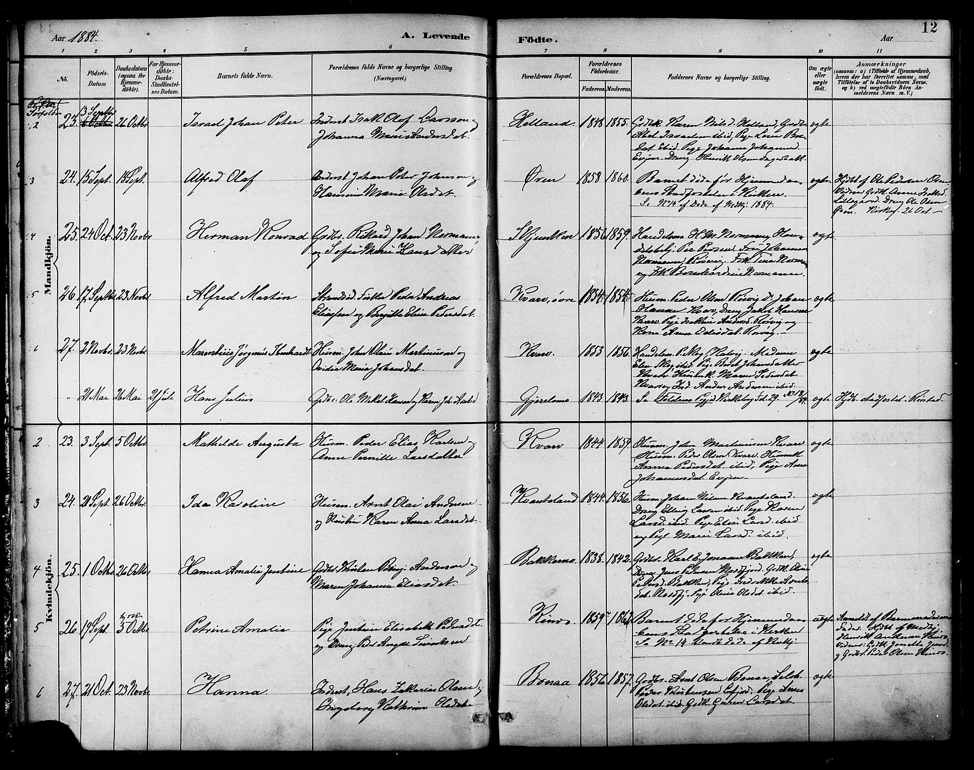 Ministerialprotokoller, klokkerbøker og fødselsregistre - Nordland, AV/SAT-A-1459/854/L0777: Parish register (official) no. 854A01 /1, 1883-1891, p. 12