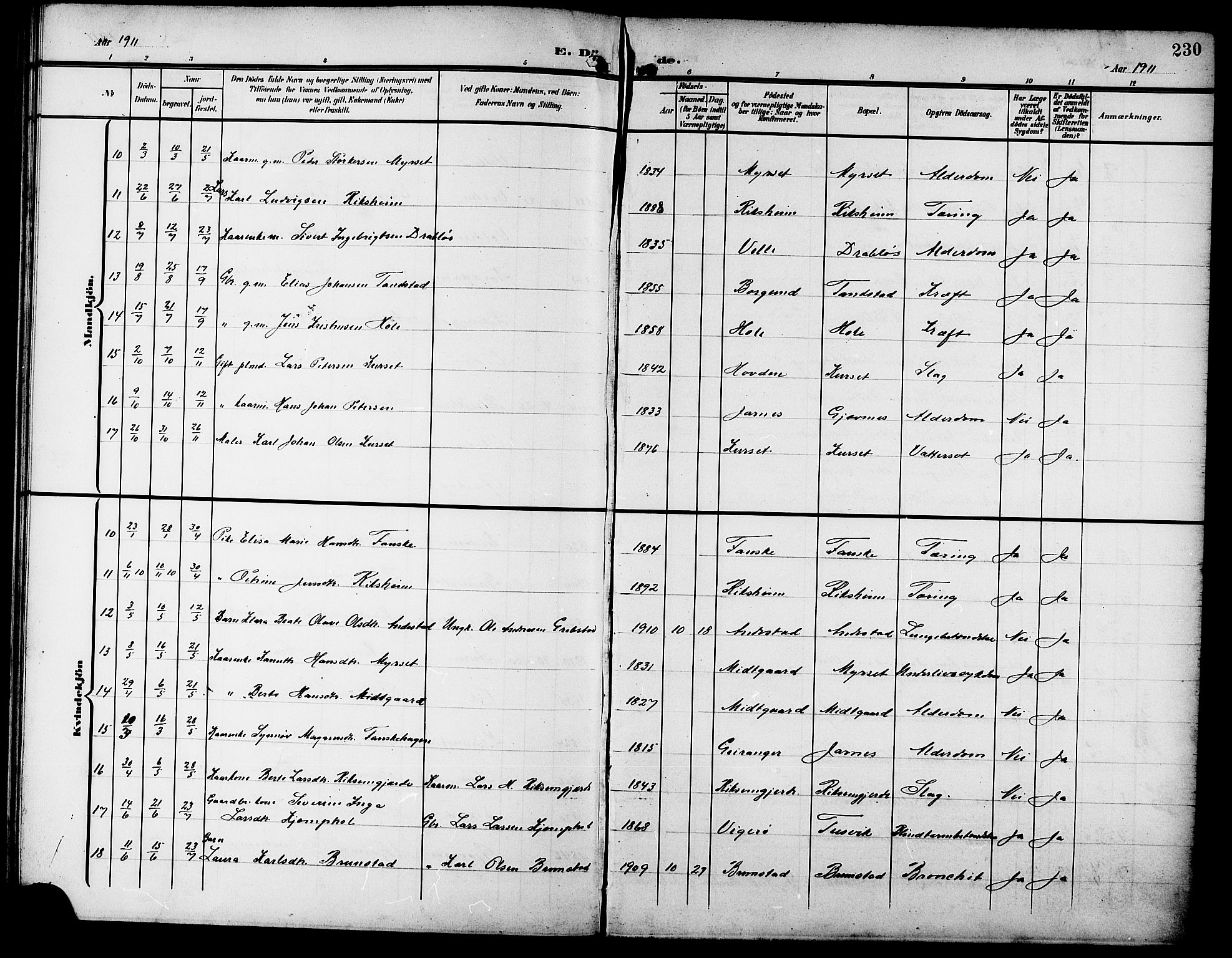 Ministerialprotokoller, klokkerbøker og fødselsregistre - Møre og Romsdal, AV/SAT-A-1454/523/L0341: Parish register (copy) no. 523C04, 1903-1916, p. 230