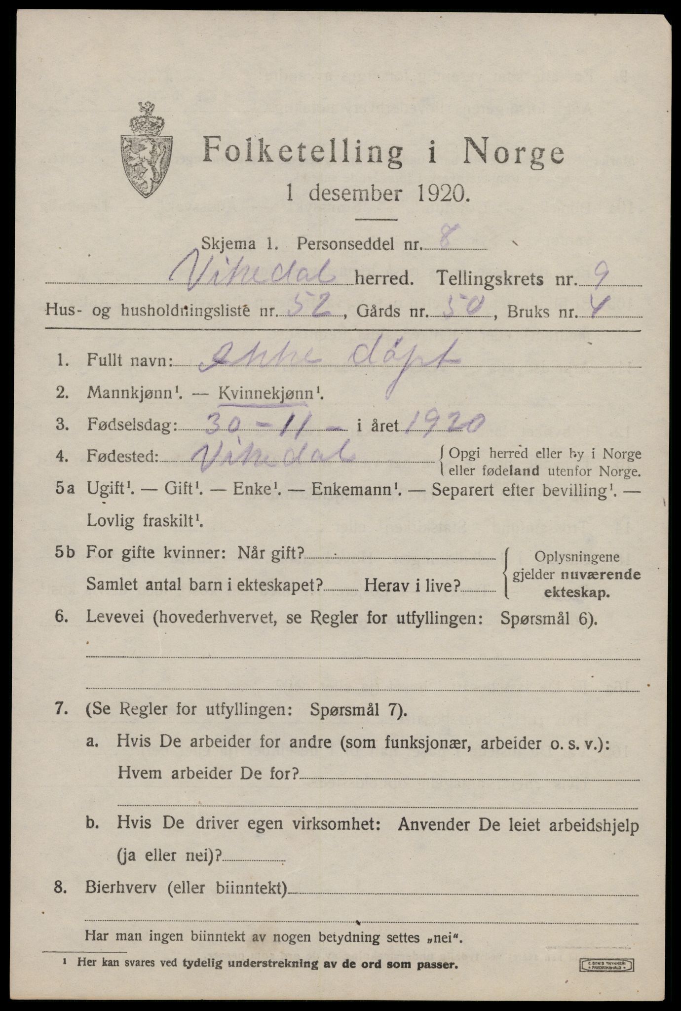 SAST, 1920 census for Vikedal, 1920, p. 3375