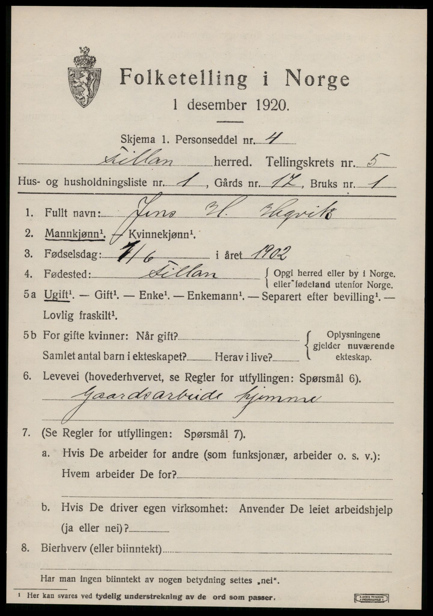 SAT, 1920 census for Fillan, 1920, p. 2350