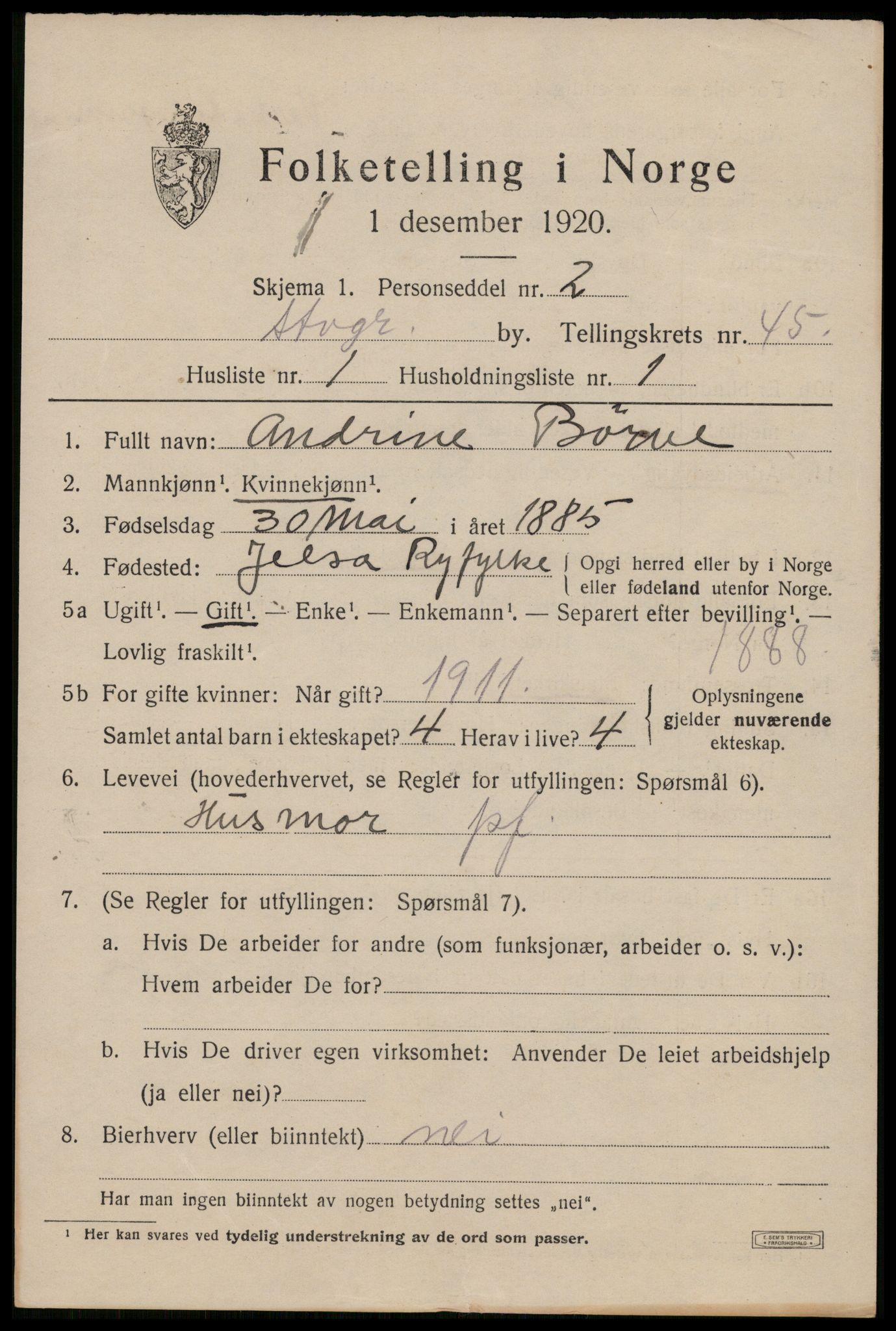 SAST, 1920 census for Stavanger, 1920, p. 110140