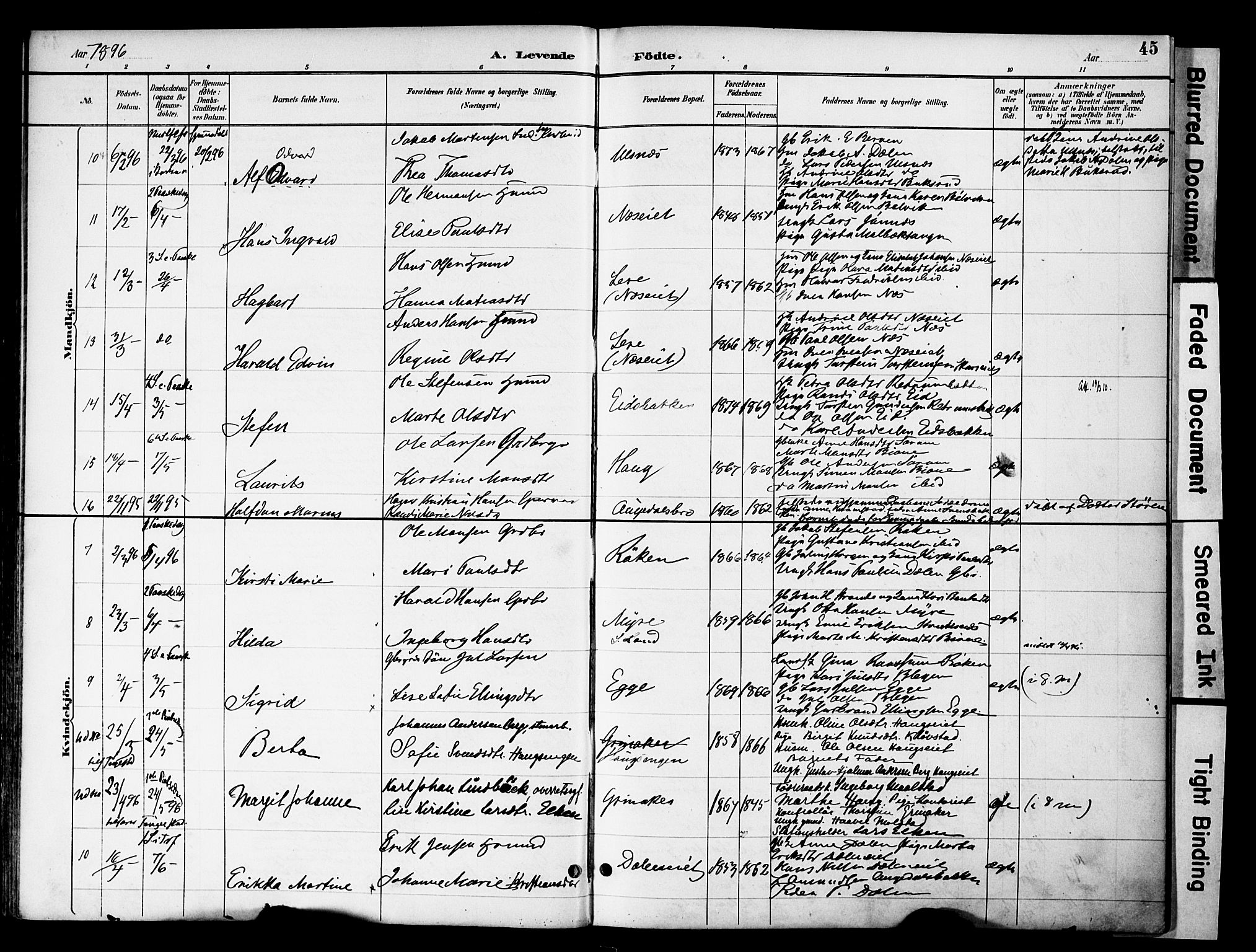 Gran prestekontor, AV/SAH-PREST-112/H/Ha/Haa/L0020: Parish register (official) no. 20, 1889-1899, p. 45