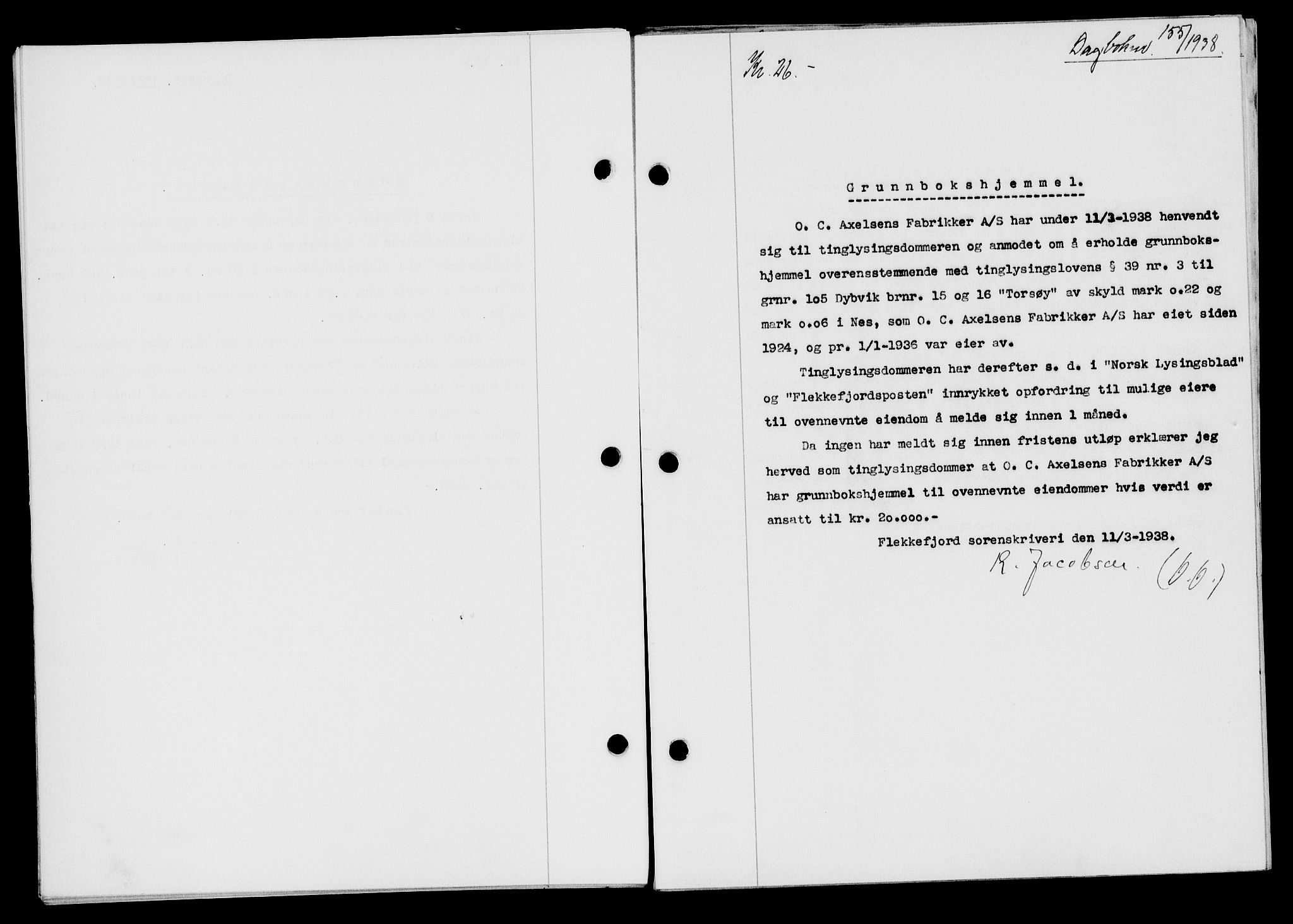 Flekkefjord sorenskriveri, SAK/1221-0001/G/Gb/Gba/L0054: Mortgage book no. A-2, 1937-1938, Diary no: : 155/1938