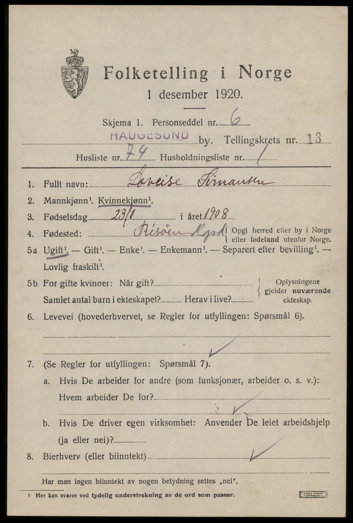 SAST, 1920 census for Haugesund, 1920, p. 42829