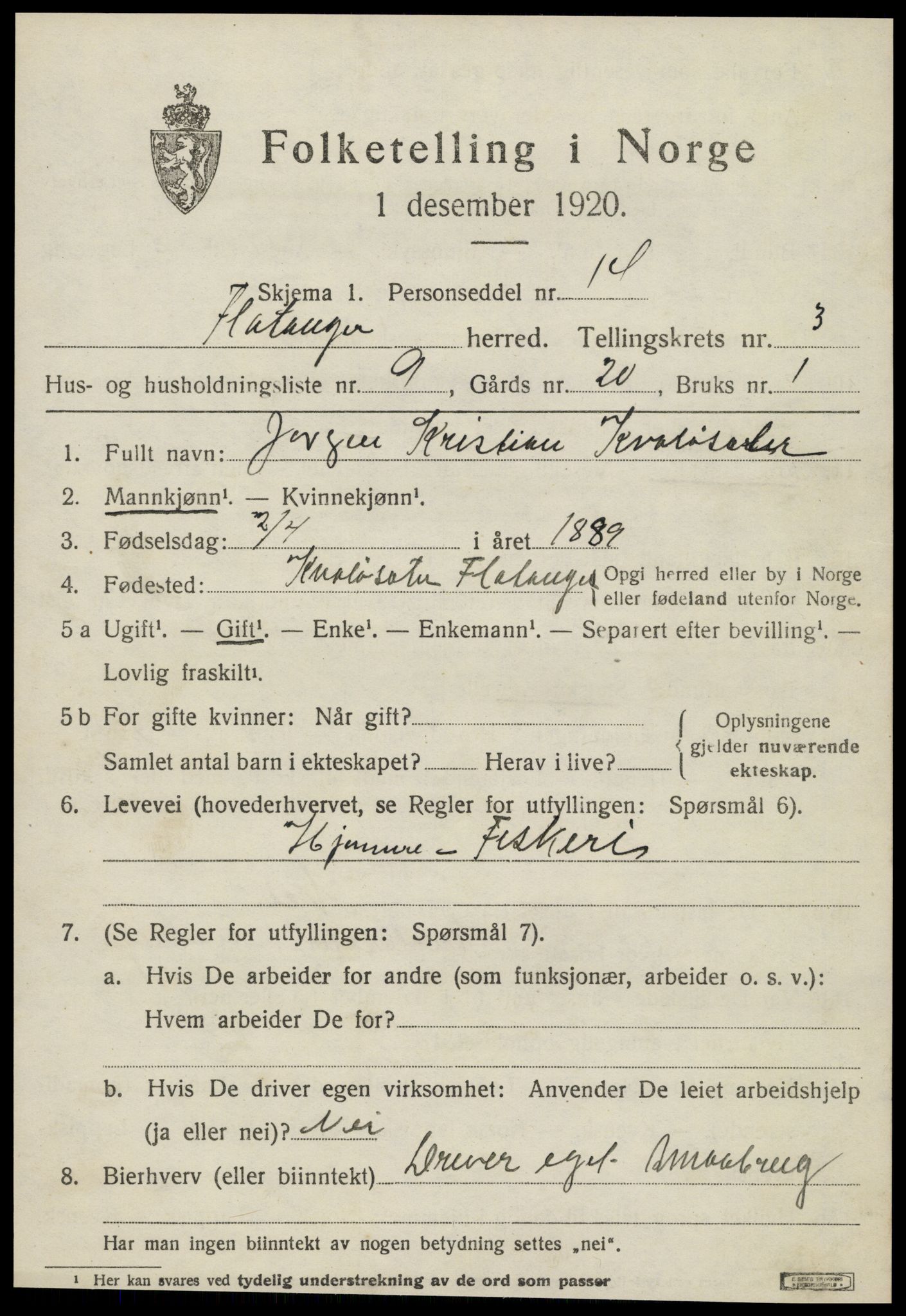 SAT, 1920 census for Flatanger, 1920, p. 1608