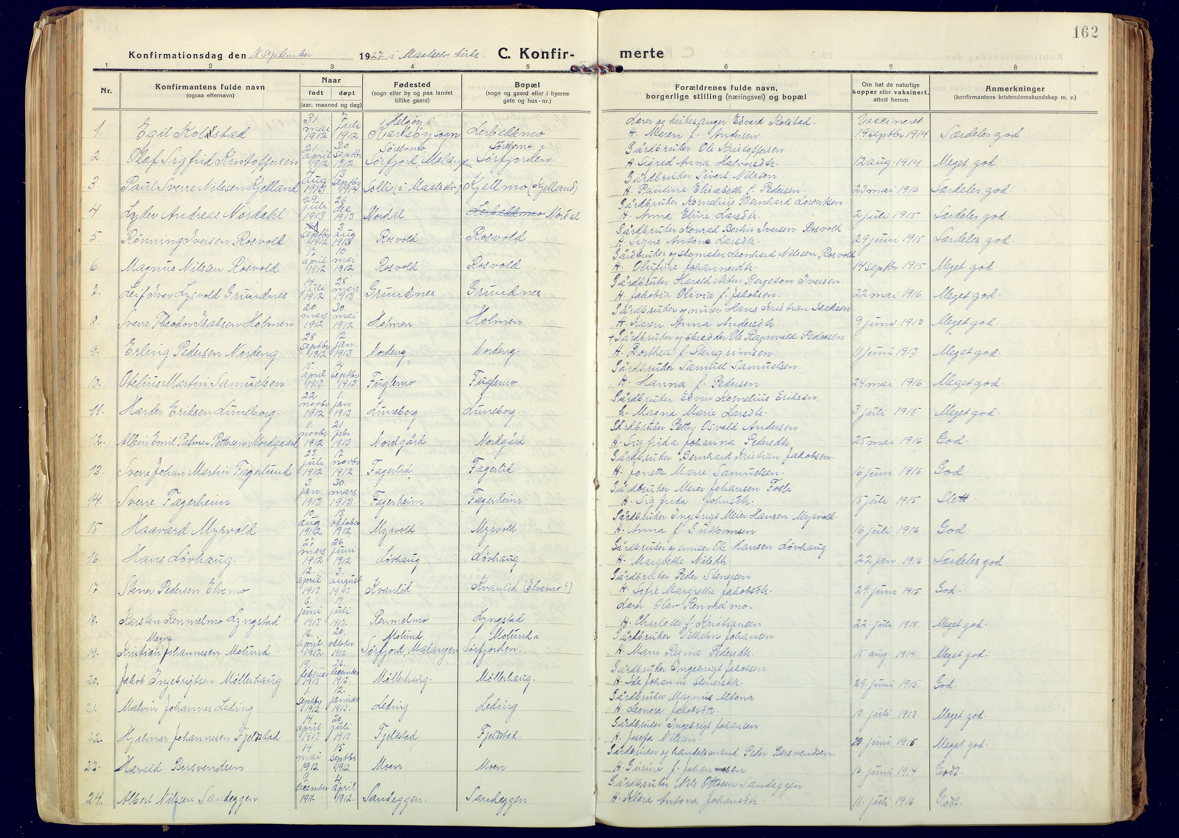 Målselv sokneprestembete, SATØ/S-1311/G/Ga/Gaa/L0014kirke: Parish register (official) no. 14, 1919-1932, p. 162