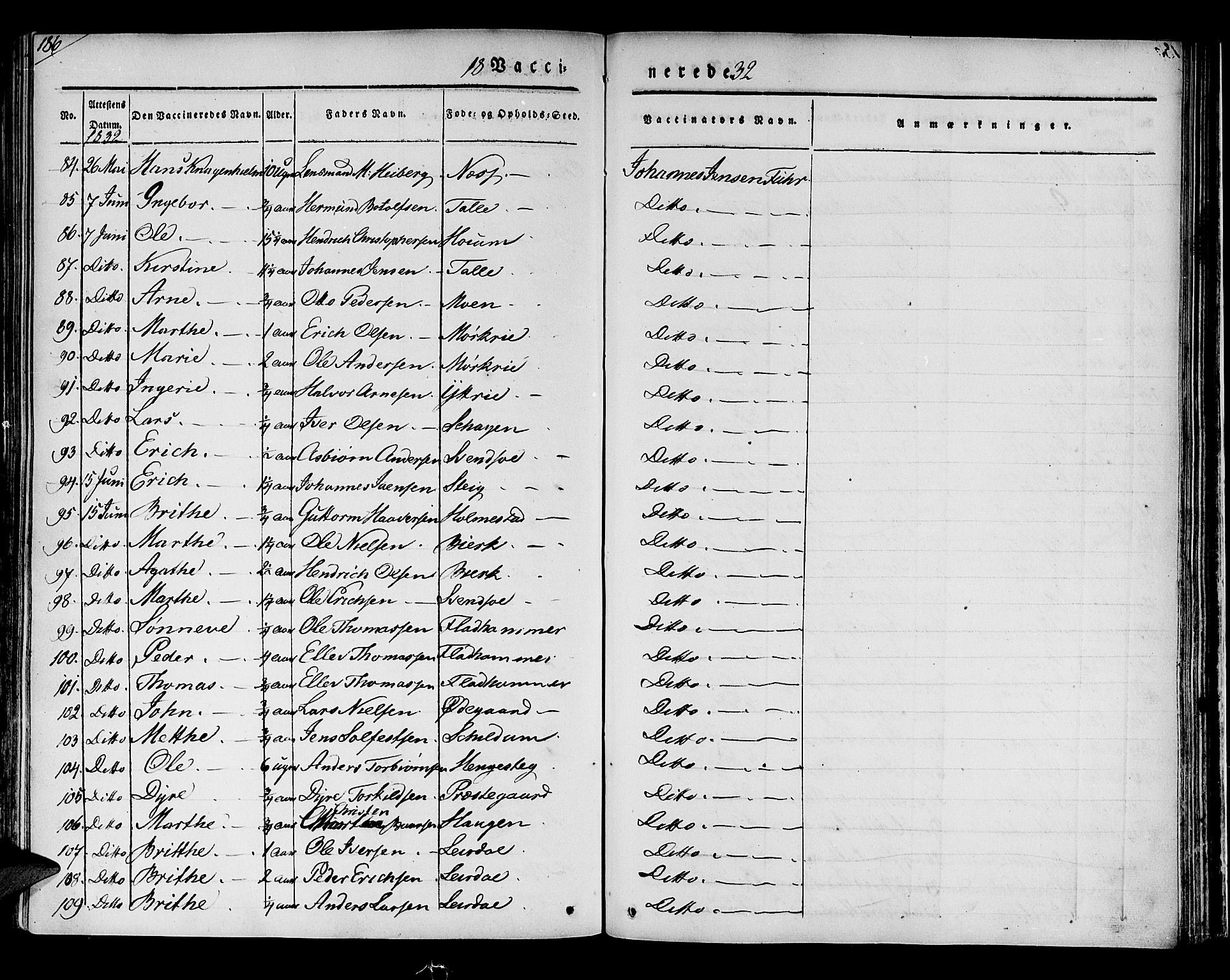 Luster sokneprestembete, AV/SAB-A-81101/H/Haa/Haaa/L0005: Parish register (official) no. A 5, 1831-1841, p. 186