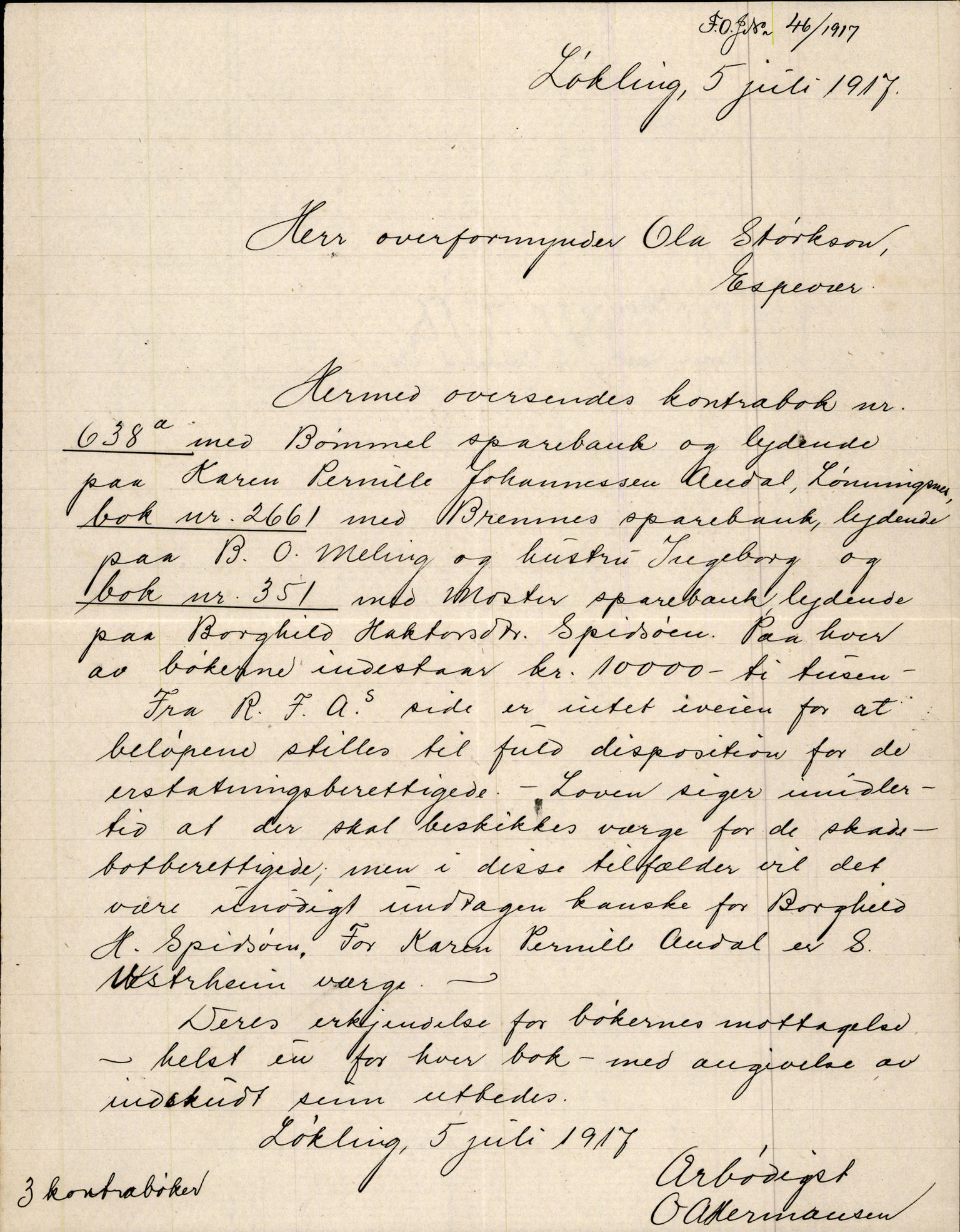 Finnaas kommune. Overformynderiet, IKAH/1218a-812/D/Da/Daa/L0003/0002: Kronologisk ordna korrespondanse / Kronologisk ordna korrespondanse, 1917-1919, p. 14