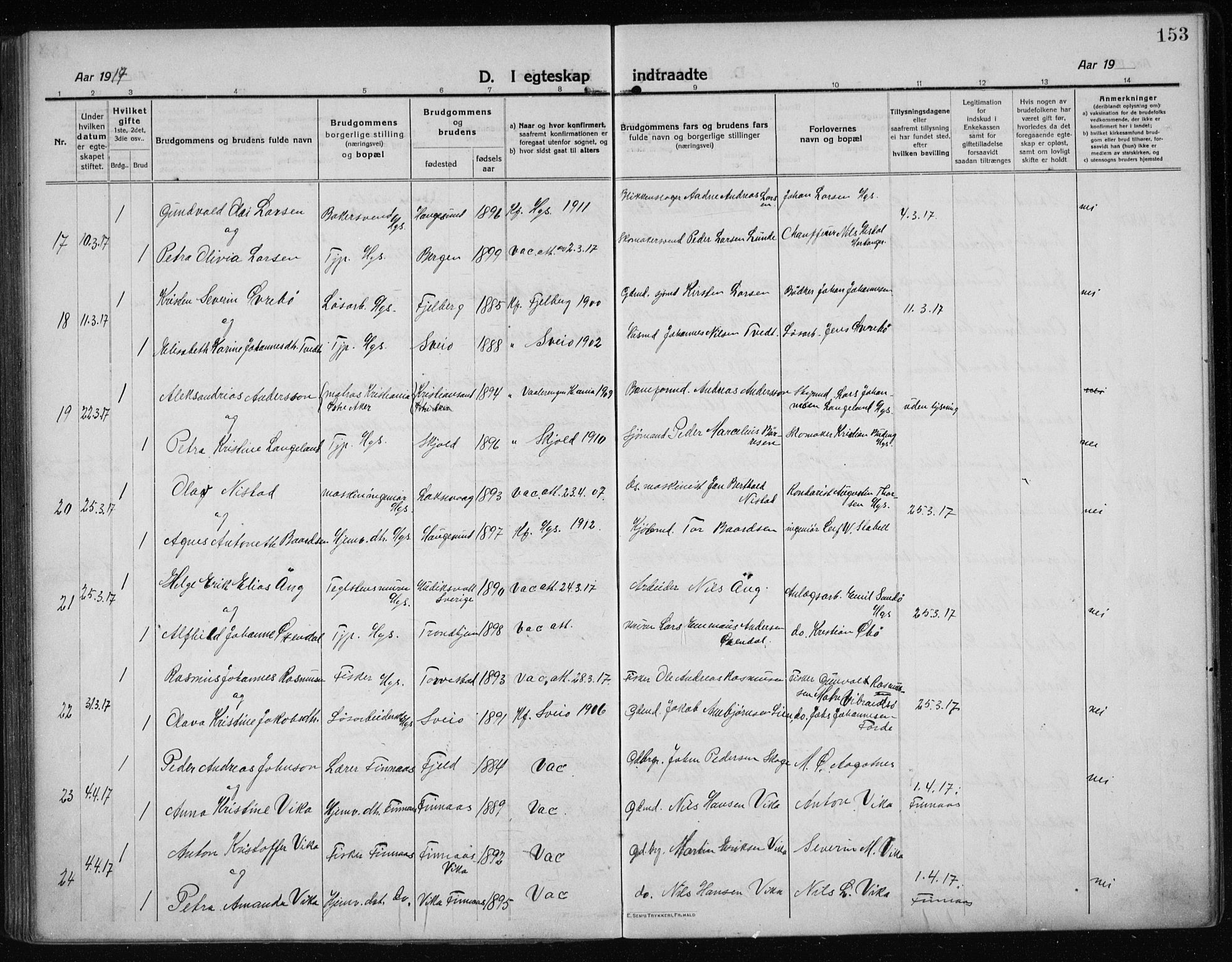 Haugesund sokneprestkontor, AV/SAST-A -101863/H/Ha/Haa/L0009: Parish register (official) no. A 9, 1914-1929, p. 153