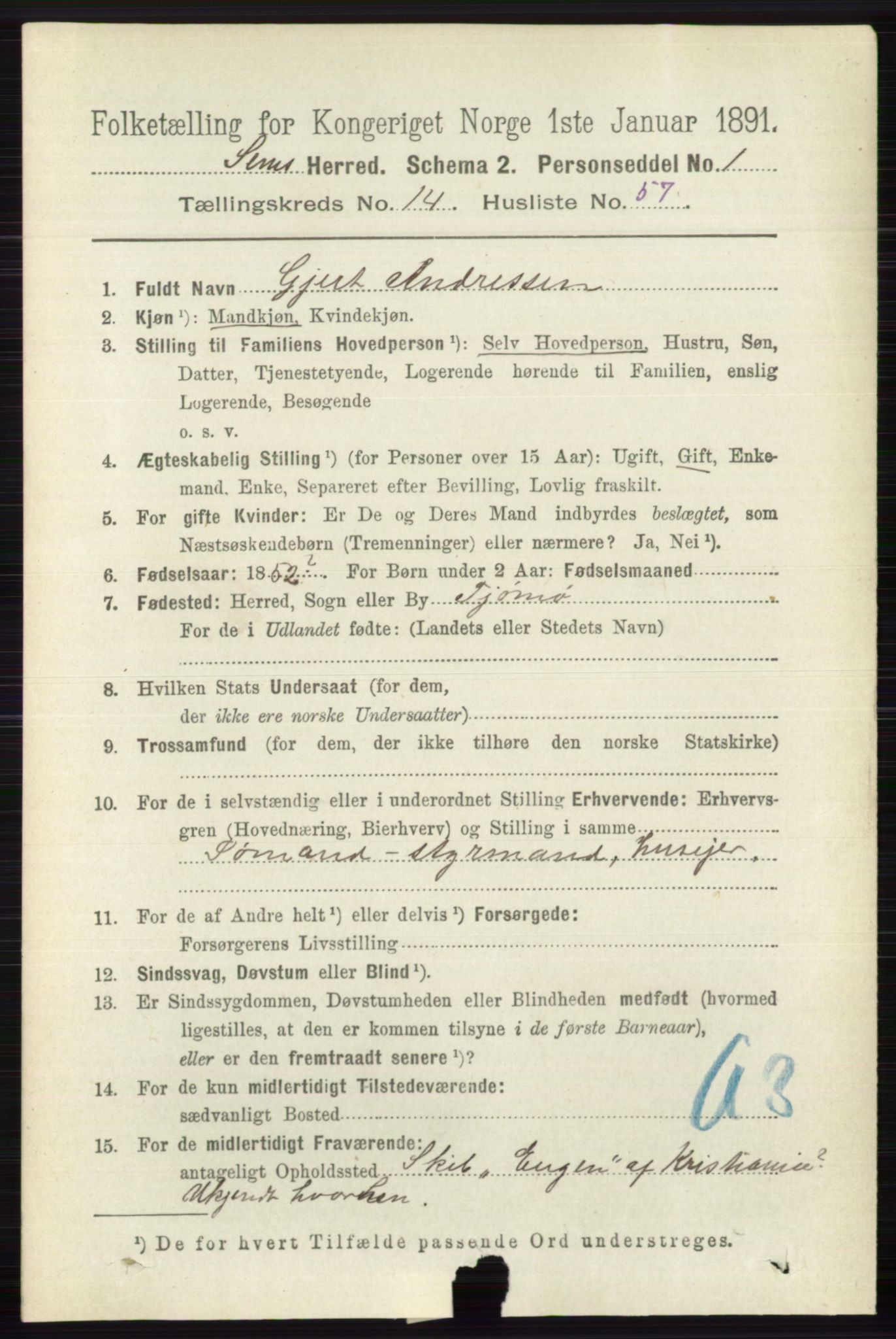 RA, 1891 census for 0721 Sem, 1891, p. 7397