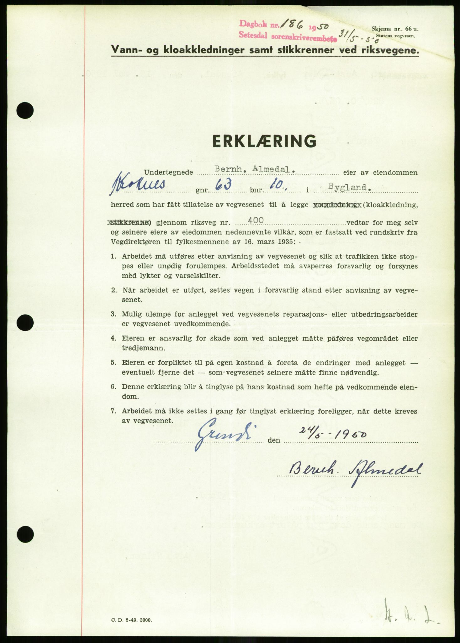 Setesdal sorenskriveri, SAK/1221-0011/G/Gb/L0050: Mortgage book no. B 38, 1949-1952, Diary no: : 186/1950