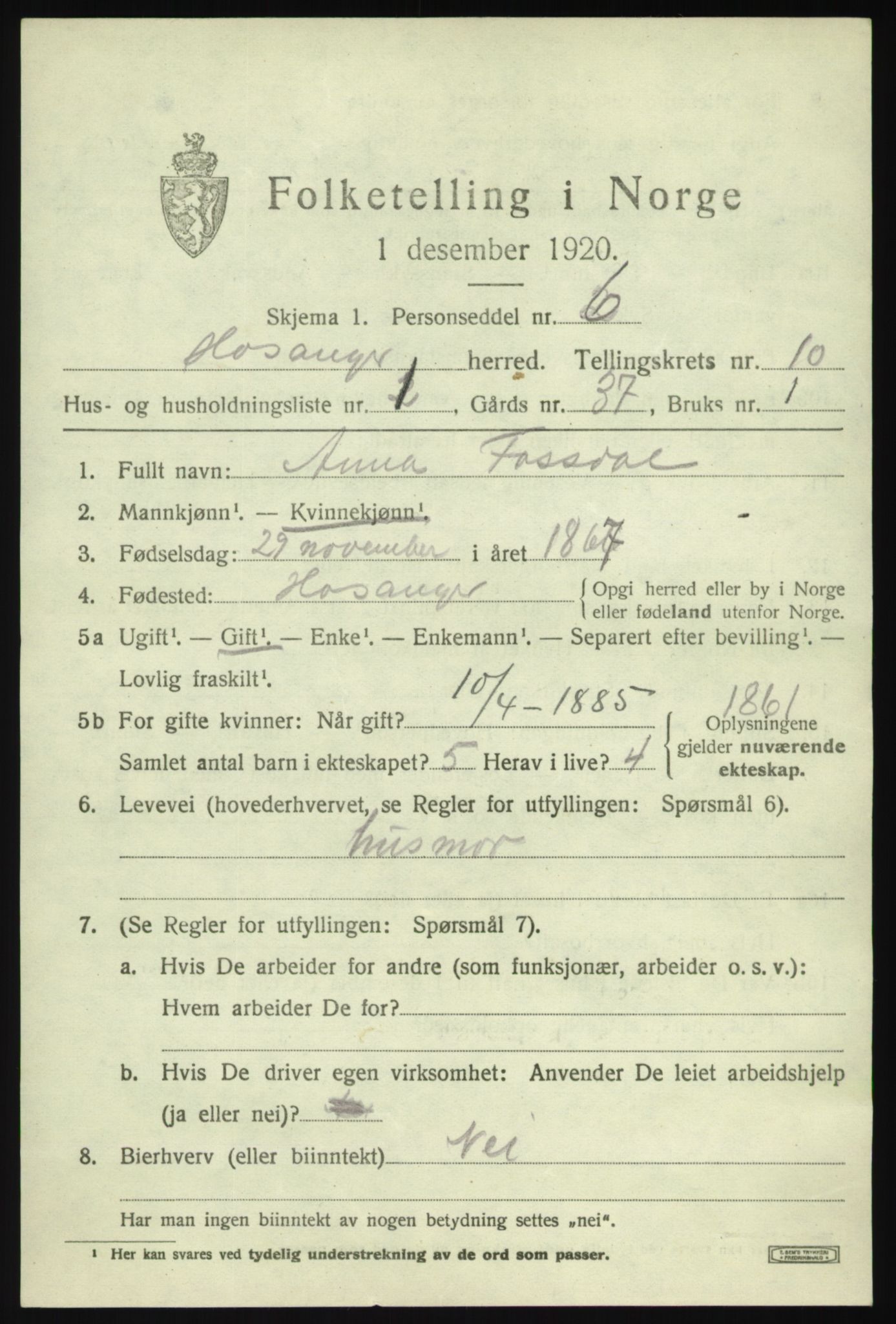 SAB, 1920 census for Hosanger, 1920, p. 4201