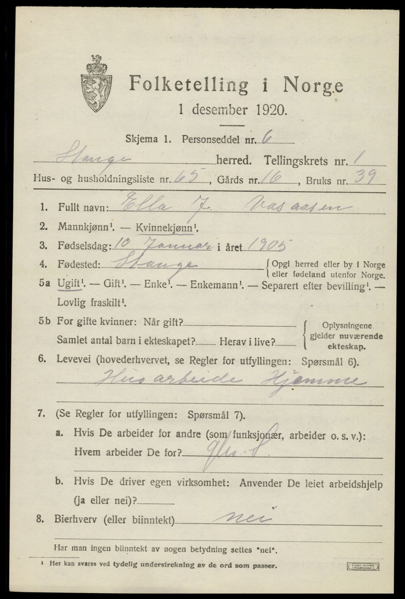 SAH, 1920 census for Stange, 1920, p. 3693