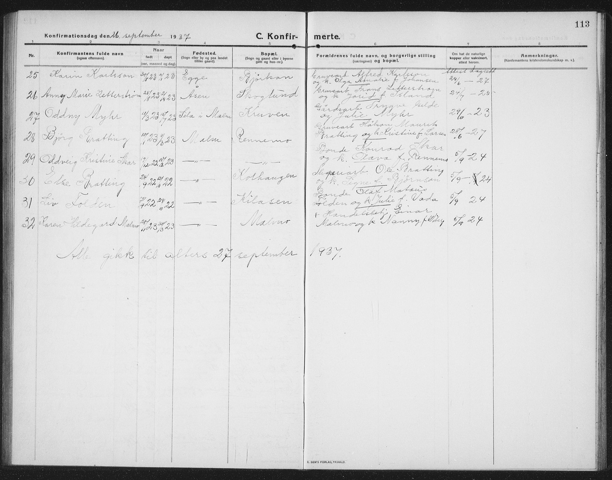Ministerialprotokoller, klokkerbøker og fødselsregistre - Nord-Trøndelag, SAT/A-1458/745/L0434: Parish register (copy) no. 745C03, 1914-1937, p. 113