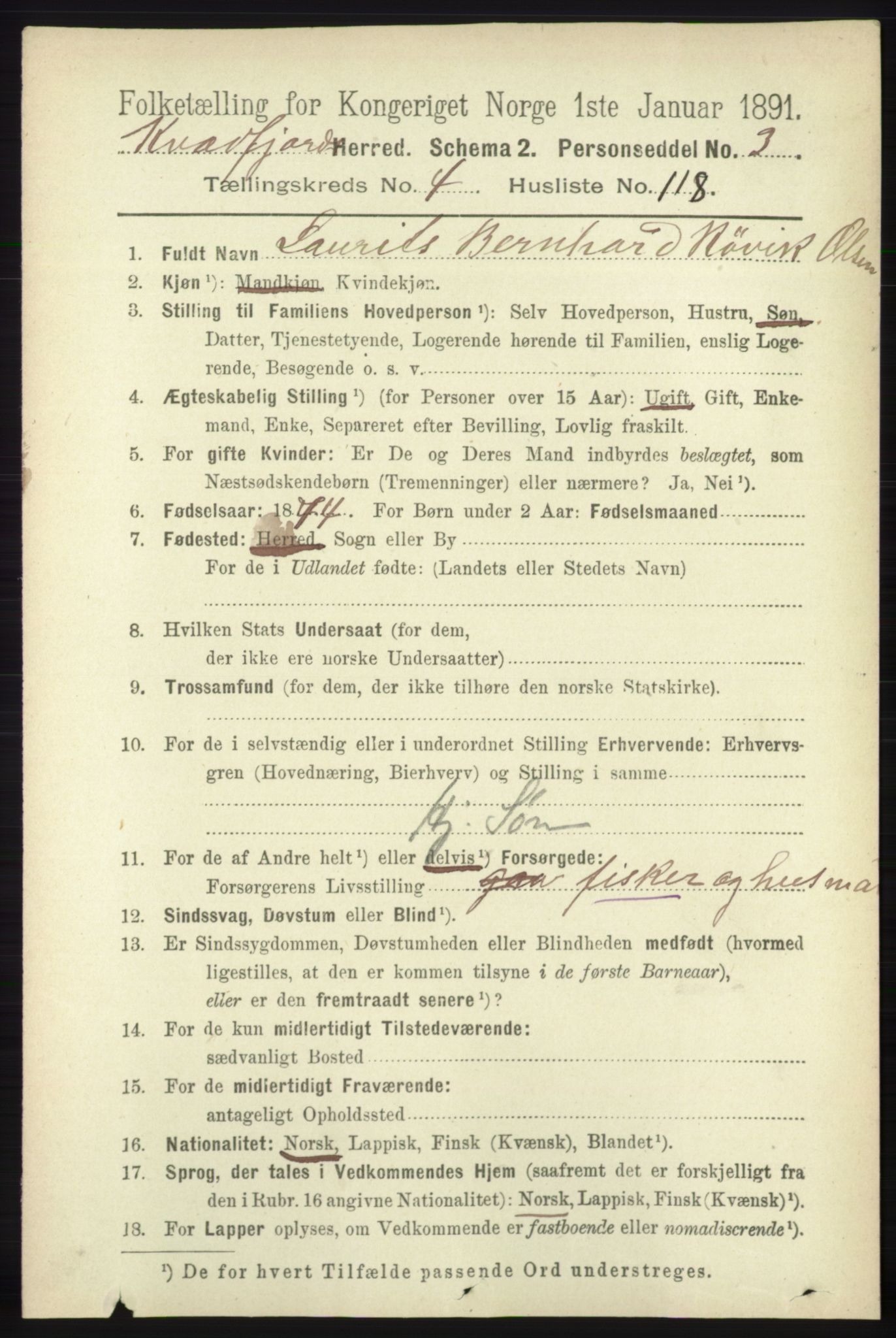 RA, 1891 census for 1911 Kvæfjord, 1891, p. 2649