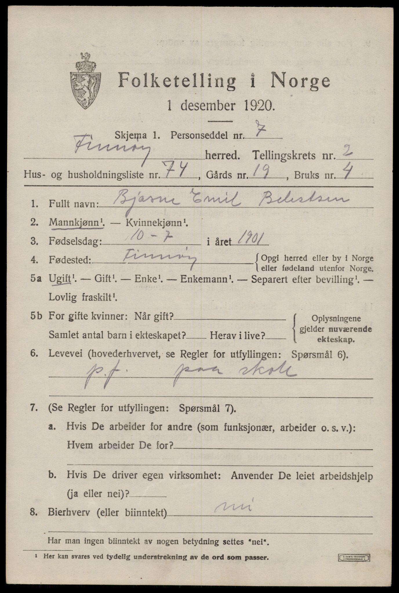 SAST, 1920 census for Finnøy, 1920, p. 2162