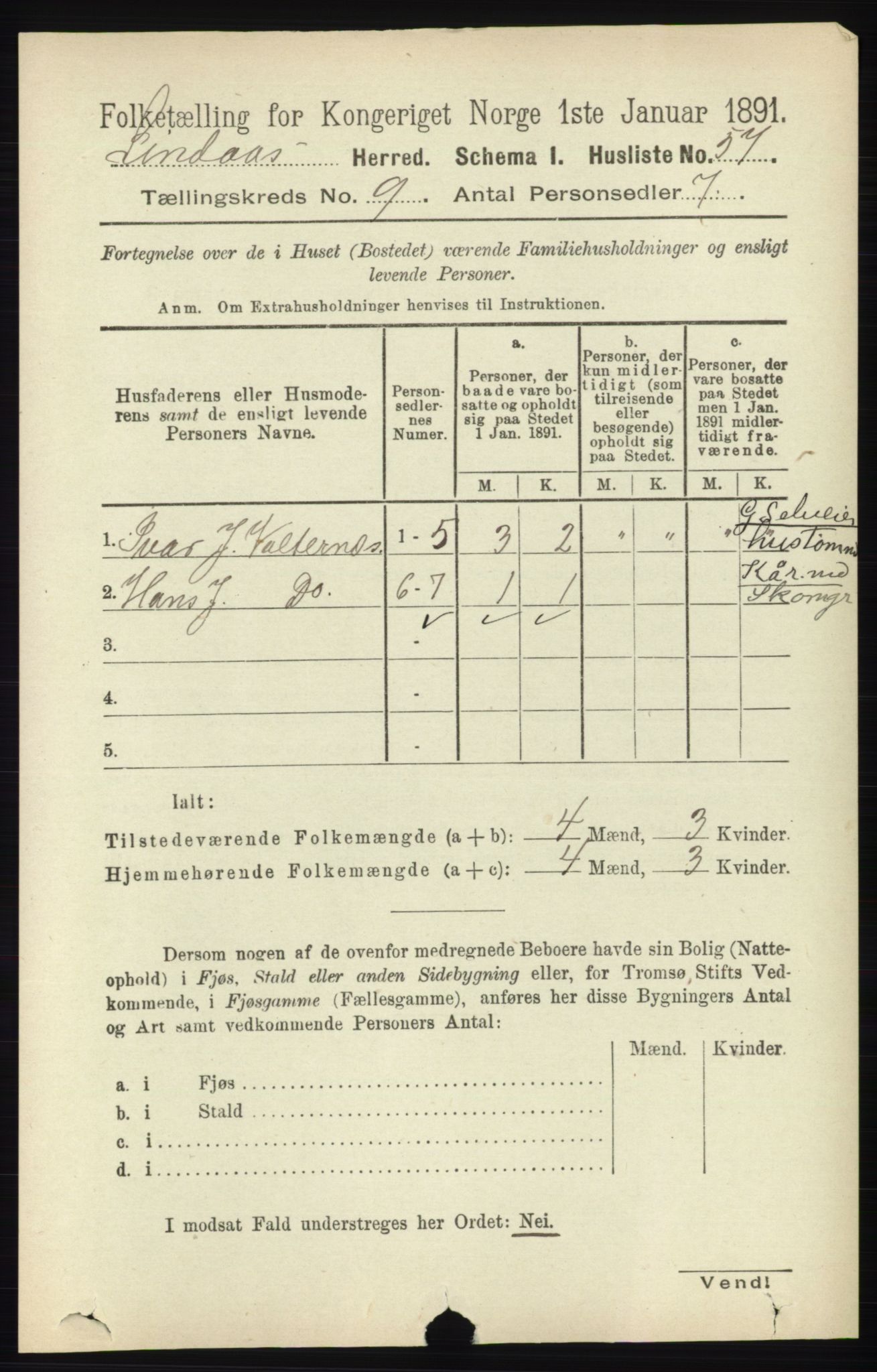 RA, 1891 census for 1263 Lindås, 1891, p. 2953