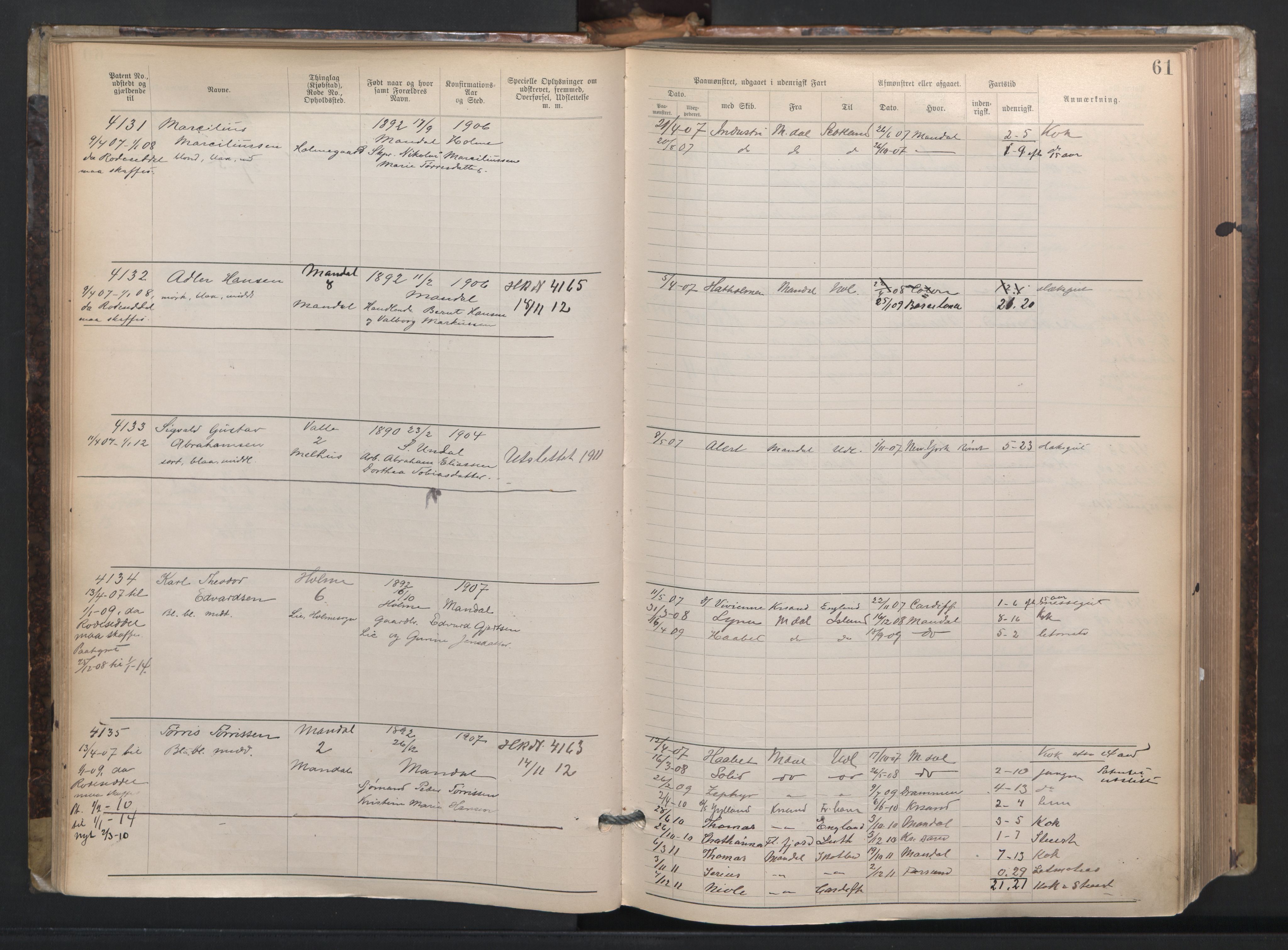 Mandal mønstringskrets, AV/SAK-2031-0016/F/Fa/L0003: Annotasjonsrulle nr 3831-4730 med register, L-5, 1900-1948, p. 85