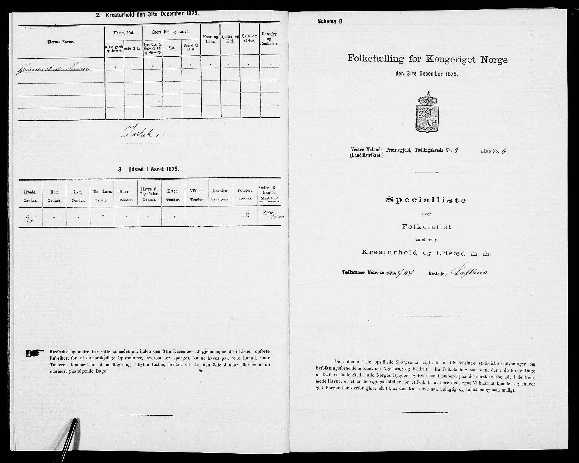 SAK, 1875 census for 0926L Vestre Moland/Vestre Moland, 1875, p. 402