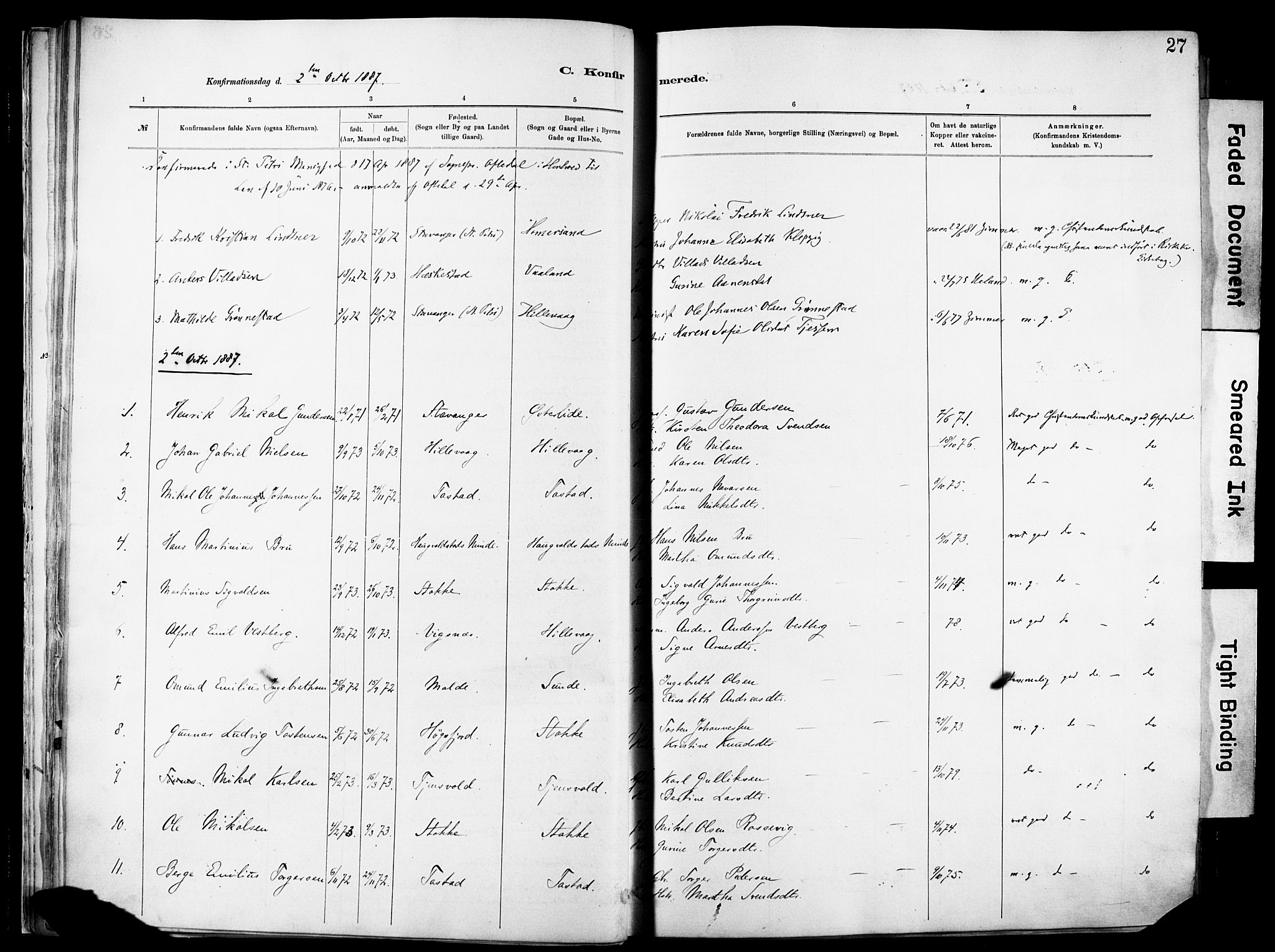 Hetland sokneprestkontor, SAST/A-101826/30/30BA/L0012: Parish register (official) no. A 12, 1882-1912, p. 27
