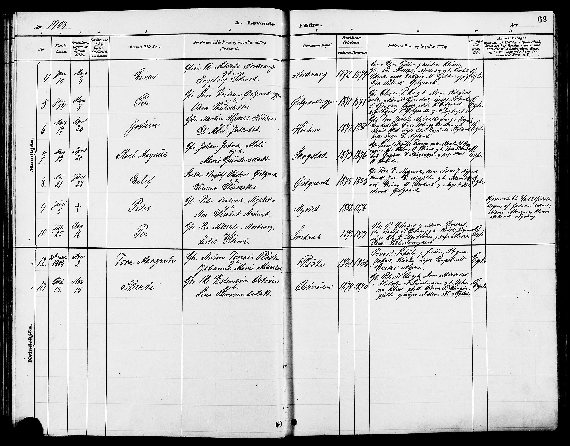 Tolga prestekontor, AV/SAH-PREST-062/L/L0008: Parish register (copy) no. 8, 1887-1912, p. 62