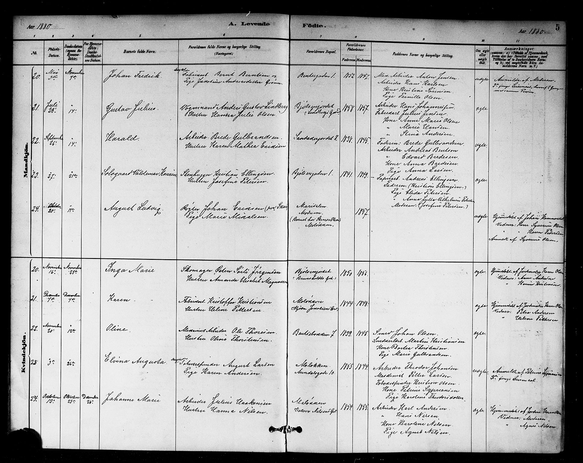 Sagene prestekontor Kirkebøker, AV/SAO-A-10796/G/L0001: Parish register (copy) no. 1, 1880-1891, p. 5