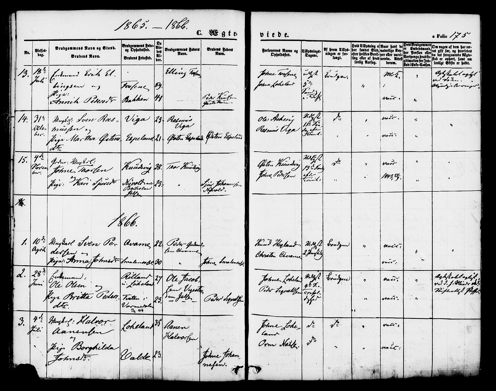 Hjelmeland sokneprestkontor, SAST/A-101843/01/IV/L0011: Parish register (official) no. A 11, 1861-1878, p. 175
