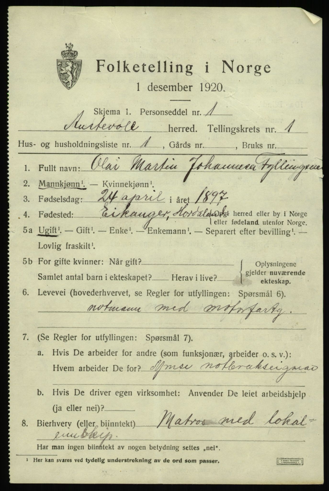 SAB, 1920 census for Austevoll, 1920, p. 900