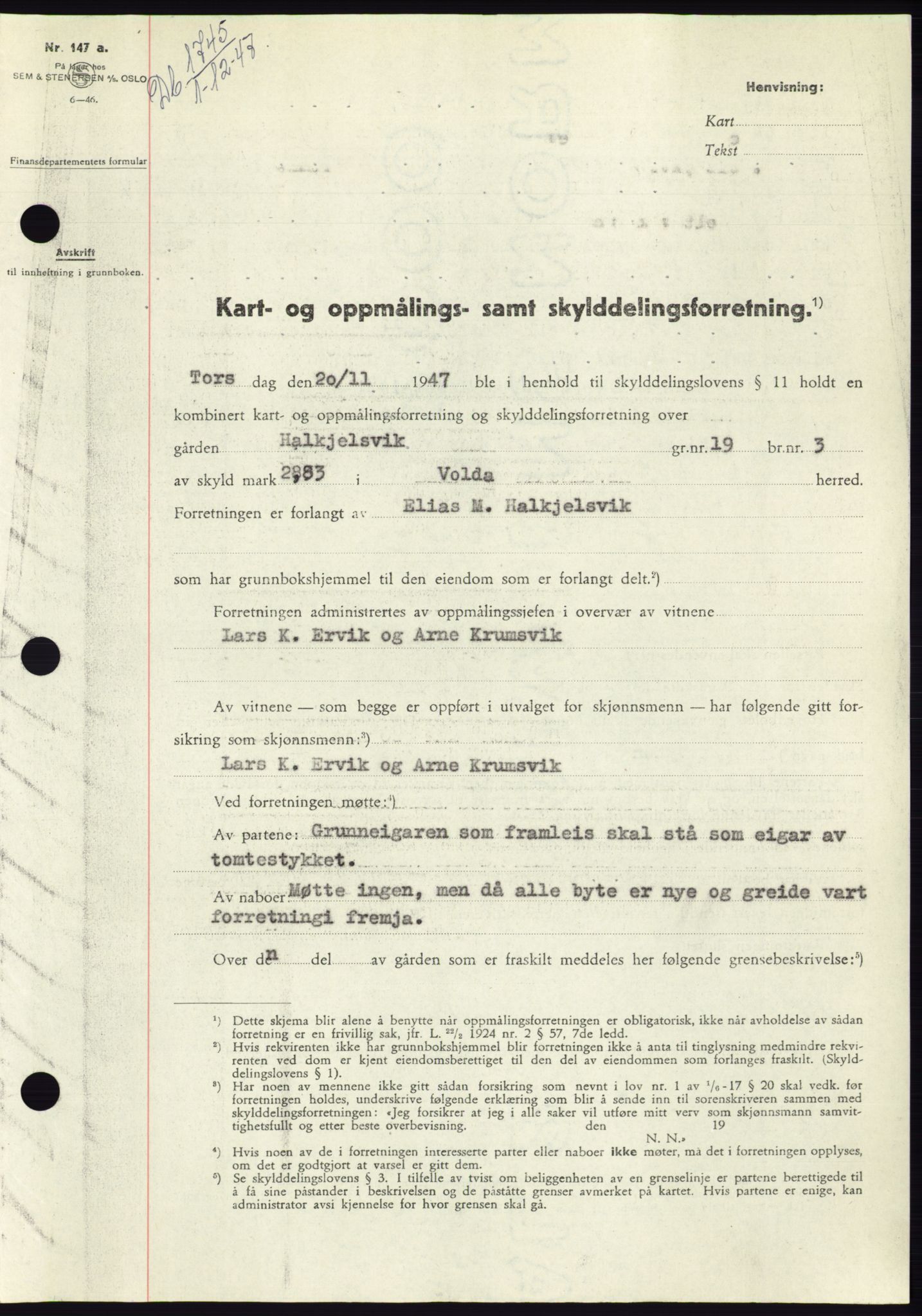 Søre Sunnmøre sorenskriveri, AV/SAT-A-4122/1/2/2C/L0081: Mortgage book no. 7A, 1947-1948, Diary no: : 1745/1947