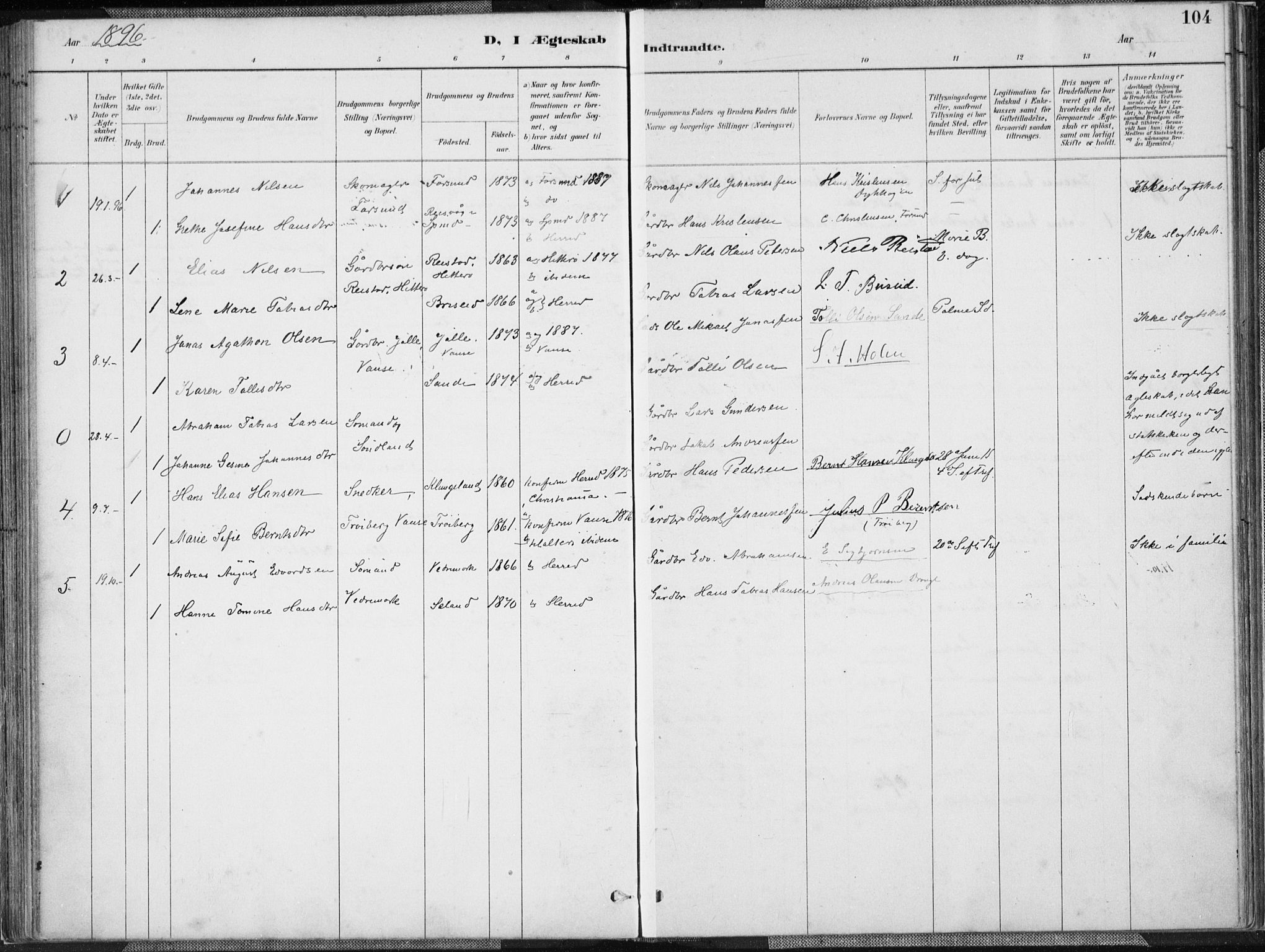 Herad sokneprestkontor, SAK/1111-0018/F/Fa/Faa/L0006: Parish register (official) no. A 6, 1887-1907, p. 104