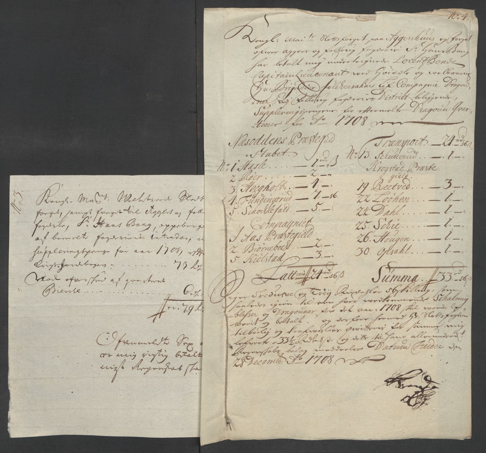 Rentekammeret inntil 1814, Reviderte regnskaper, Fogderegnskap, AV/RA-EA-4092/R10/L0447: Fogderegnskap Aker og Follo, 1707-1709, p. 350