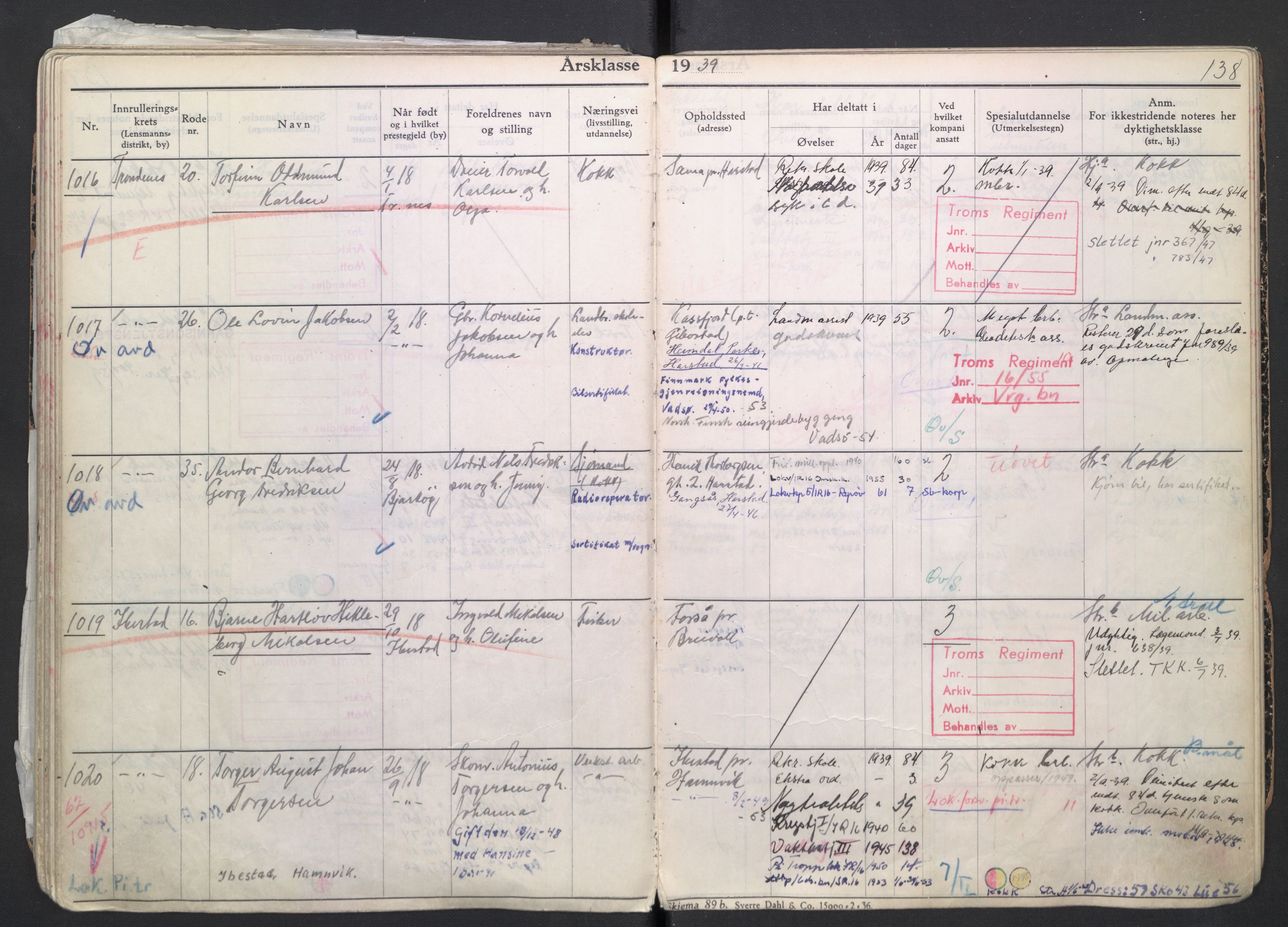 Forsvaret, Troms infanteriregiment nr. 16, AV/RA-RAFA-3146/P/Pa/L0007/0004: Ruller / Rulle for regimentets menige mannskaper, årsklasse 1939, 1939, p. 138