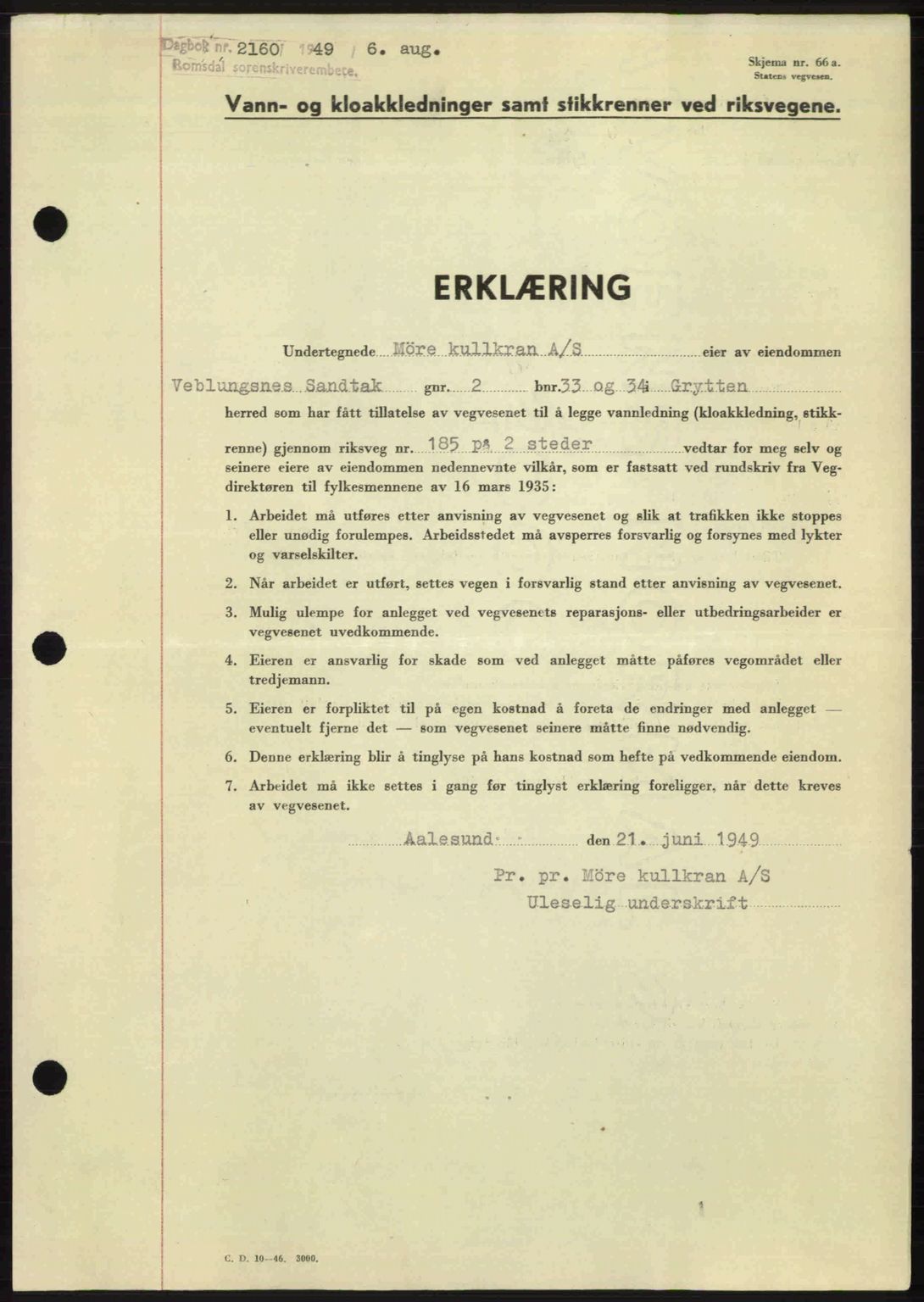 Romsdal sorenskriveri, AV/SAT-A-4149/1/2/2C: Mortgage book no. A30, 1949-1949, Diary no: : 2160/1949