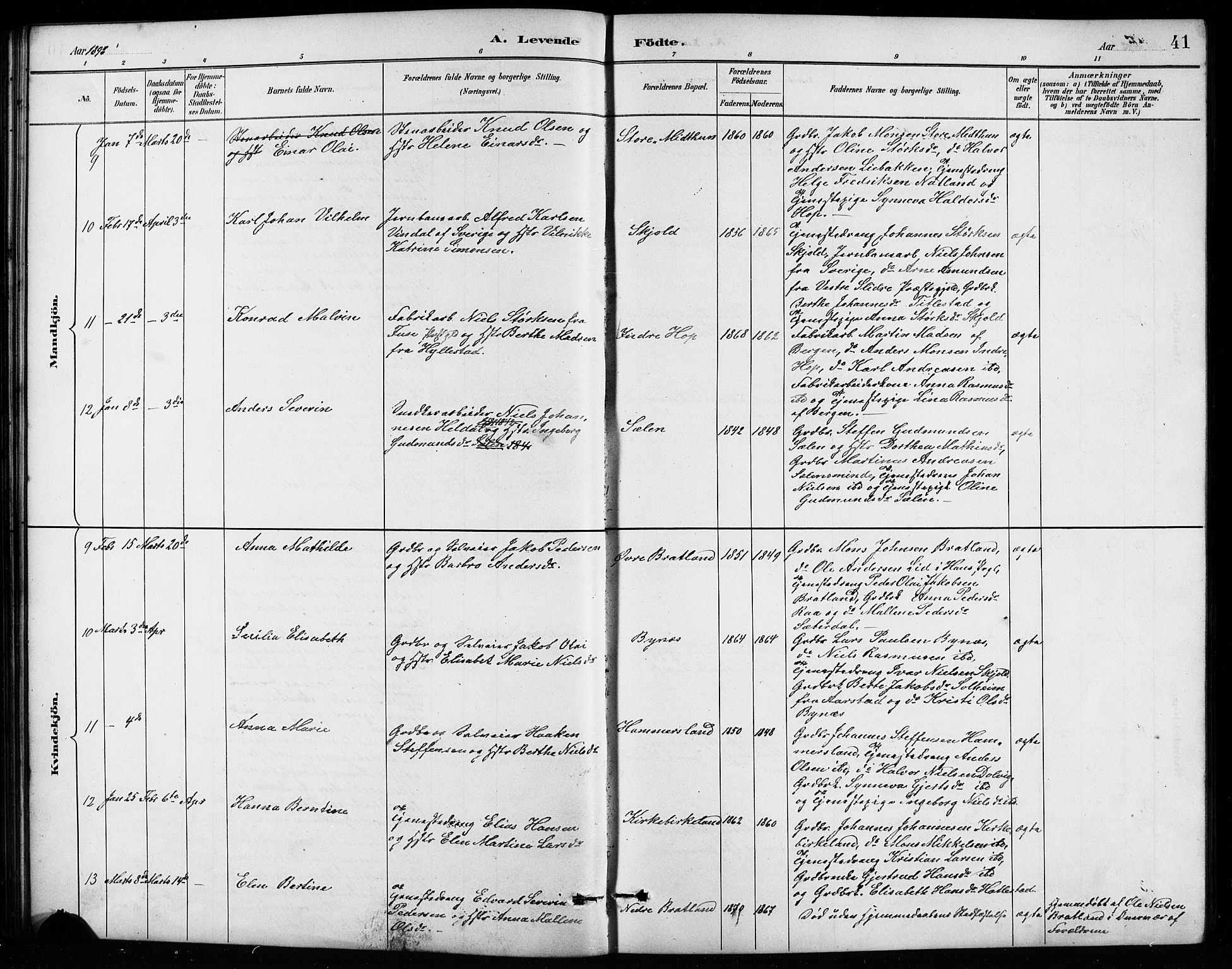 Birkeland Sokneprestembete, SAB/A-74601/H/Hab: Parish register (copy) no. A 4, 1888-1897, p. 41