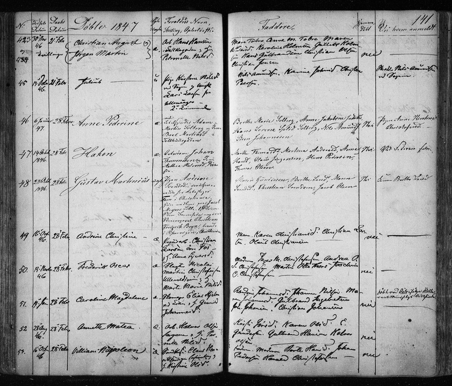 Aker prestekontor kirkebøker, AV/SAO-A-10861/F/L0019: Parish register (official) no. 19, 1842-1852, p. 141