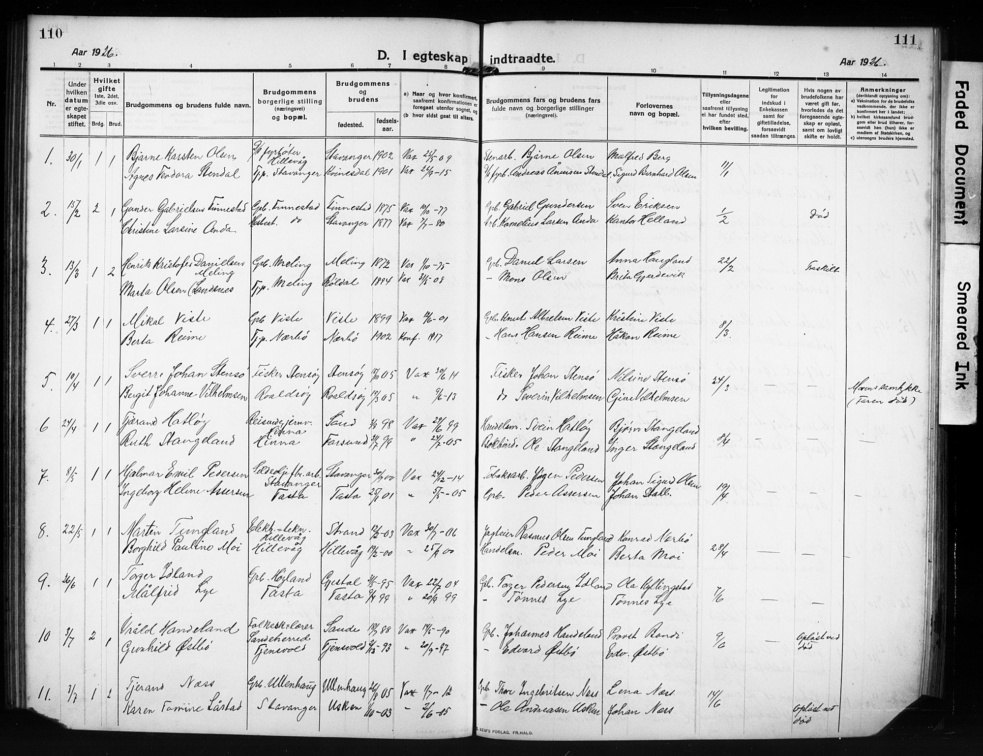Hetland sokneprestkontor, SAST/A-101826/30/30BB/L0009: Parish register (copy) no. B 9, 1910-1931, p. 110-111