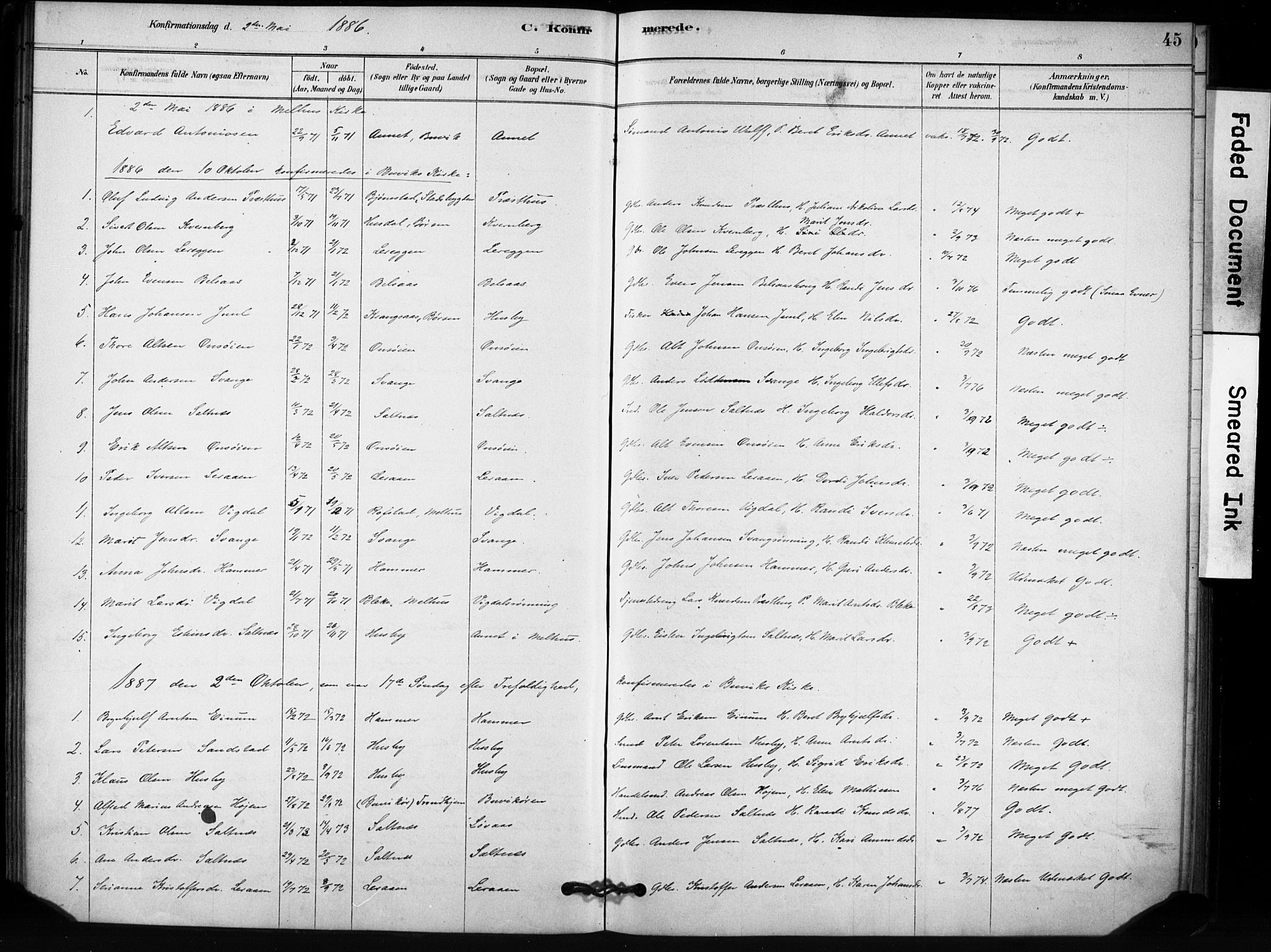 Ministerialprotokoller, klokkerbøker og fødselsregistre - Sør-Trøndelag, SAT/A-1456/666/L0786: Parish register (official) no. 666A04, 1878-1895, p. 45