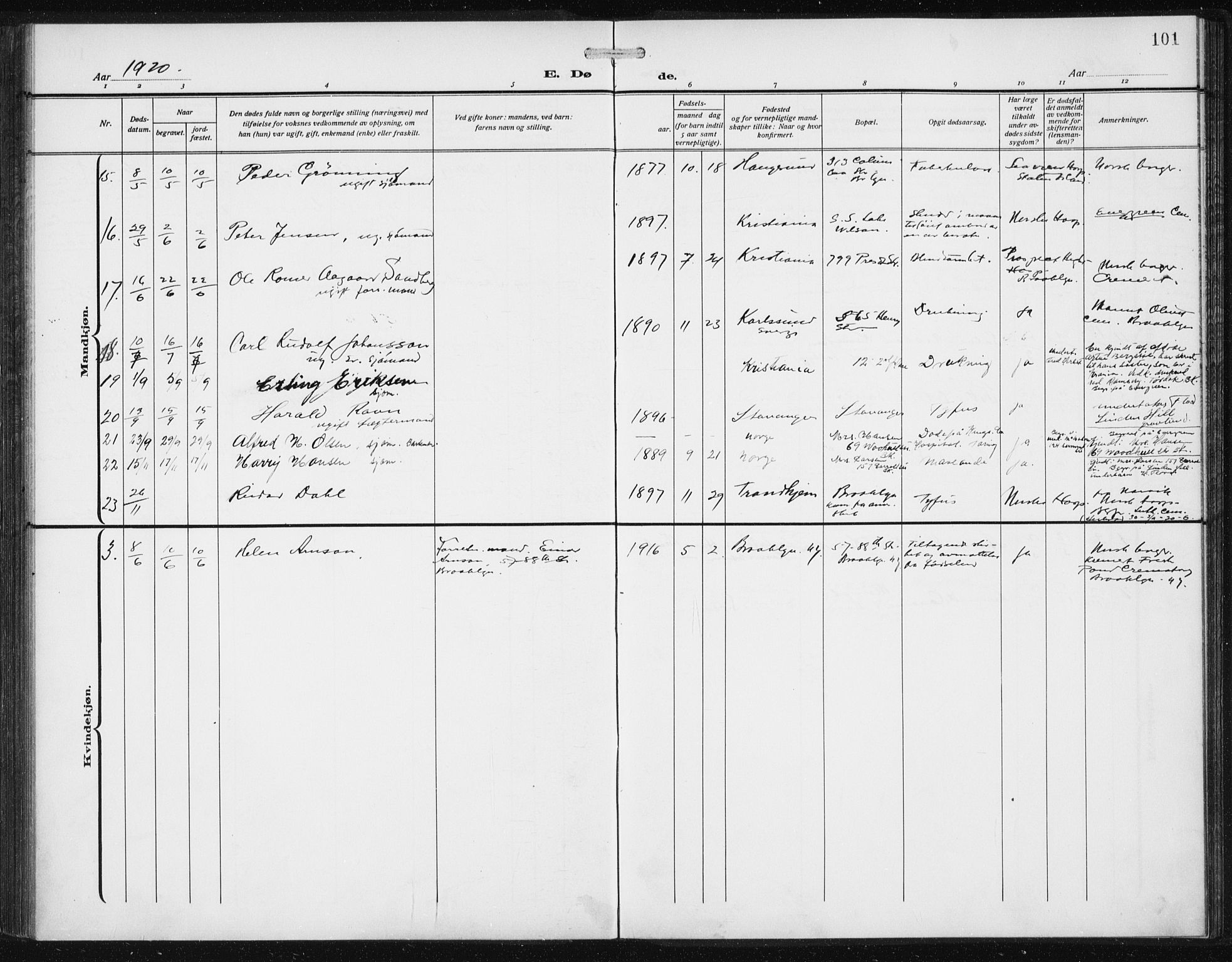 Den norske sjømannsmisjon i utlandet/New York, AV/SAB-SAB/PA-0110/H/Ha/L0007: Parish register (official) no. A 7, 1915-1923, p. 101