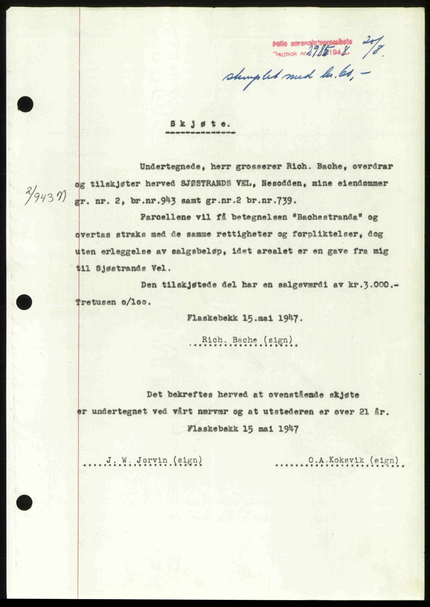 Follo sorenskriveri, SAO/A-10274/G/Ga/Gaa/L0085: Mortgage book no. I 85, 1948-1948, Diary no: : 2985/1948