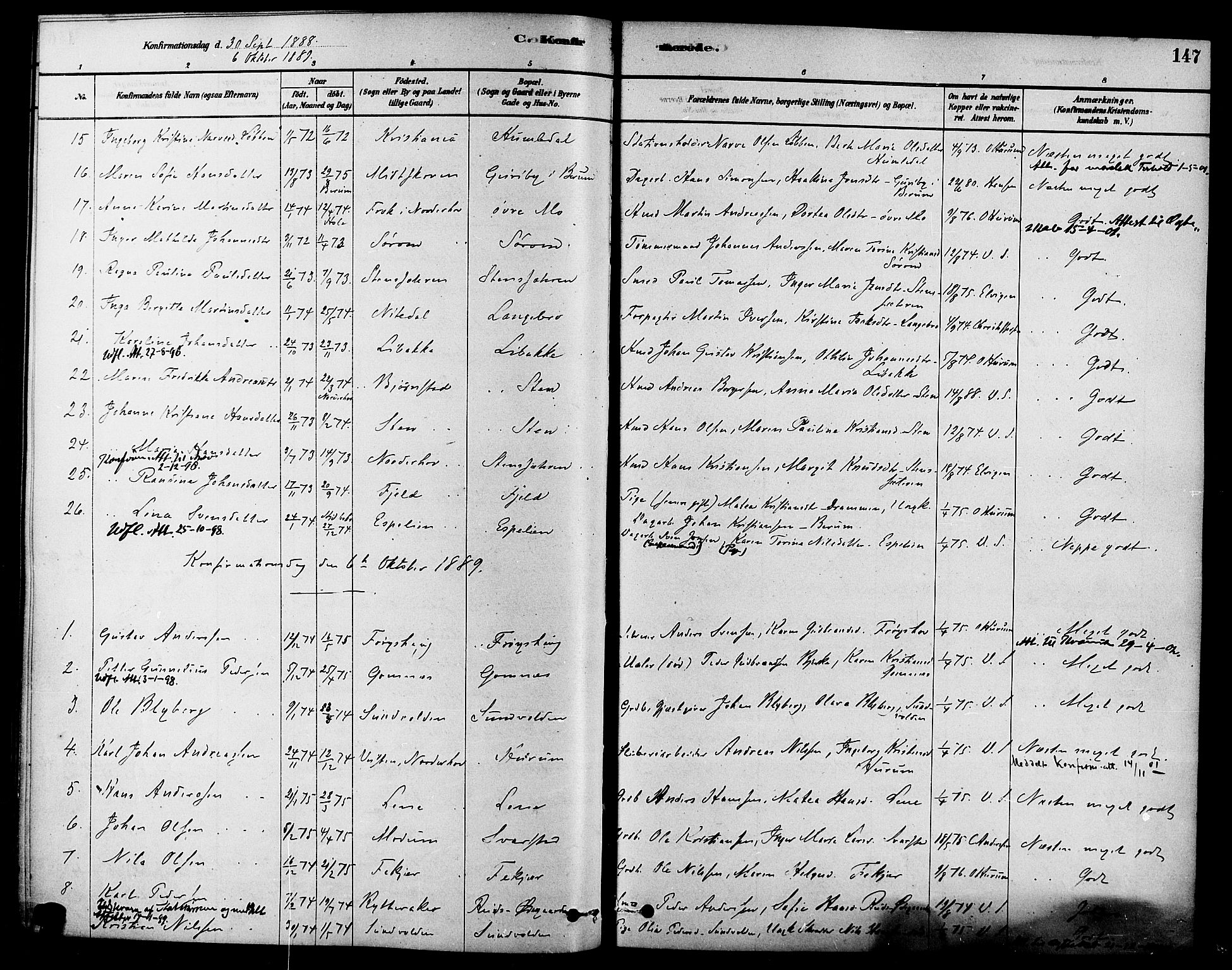 Hole kirkebøker, AV/SAKO-A-228/F/Fa/L0008: Parish register (official) no. I 8, 1878-1891, p. 147