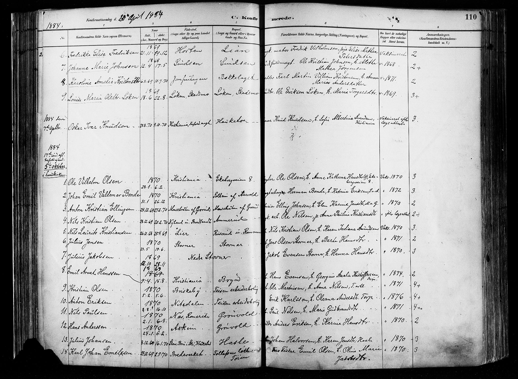 Østre Aker prestekontor Kirkebøker, AV/SAO-A-10840/F/Fa/L0008: Parish register (official) no. I 8, 1883-1894, p. 110