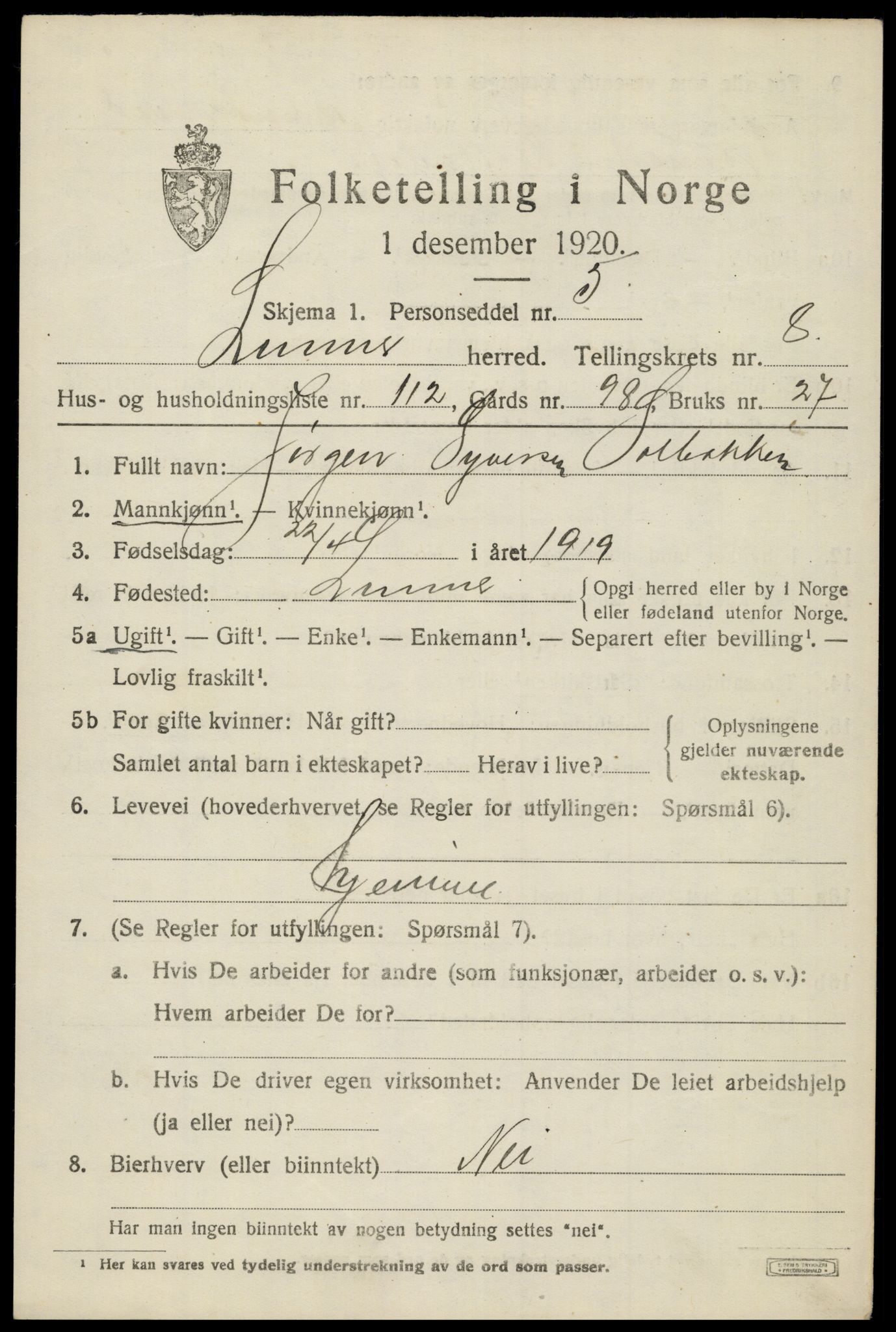 SAH, 1920 census for Lunner, 1920, p. 10339