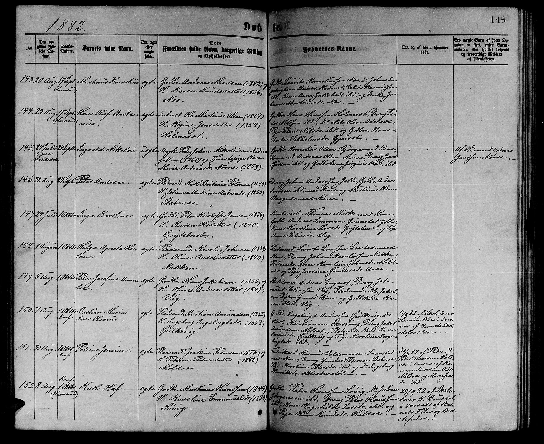 Ministerialprotokoller, klokkerbøker og fødselsregistre - Møre og Romsdal, AV/SAT-A-1454/528/L0429: Parish register (copy) no. 528C10, 1872-1886, p. 143